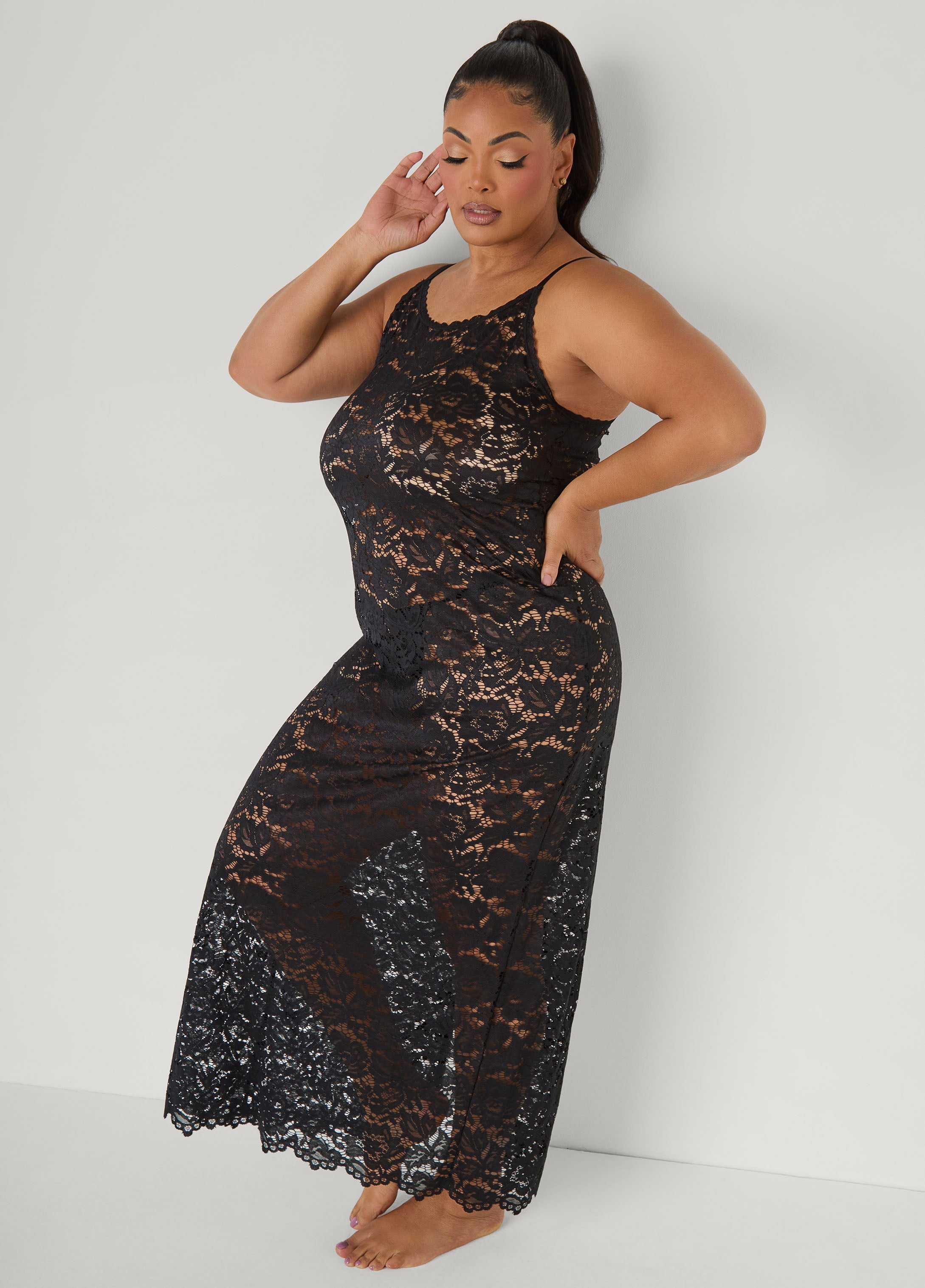 Floral Lace Lingerie Gown Black | Ashley Stewart