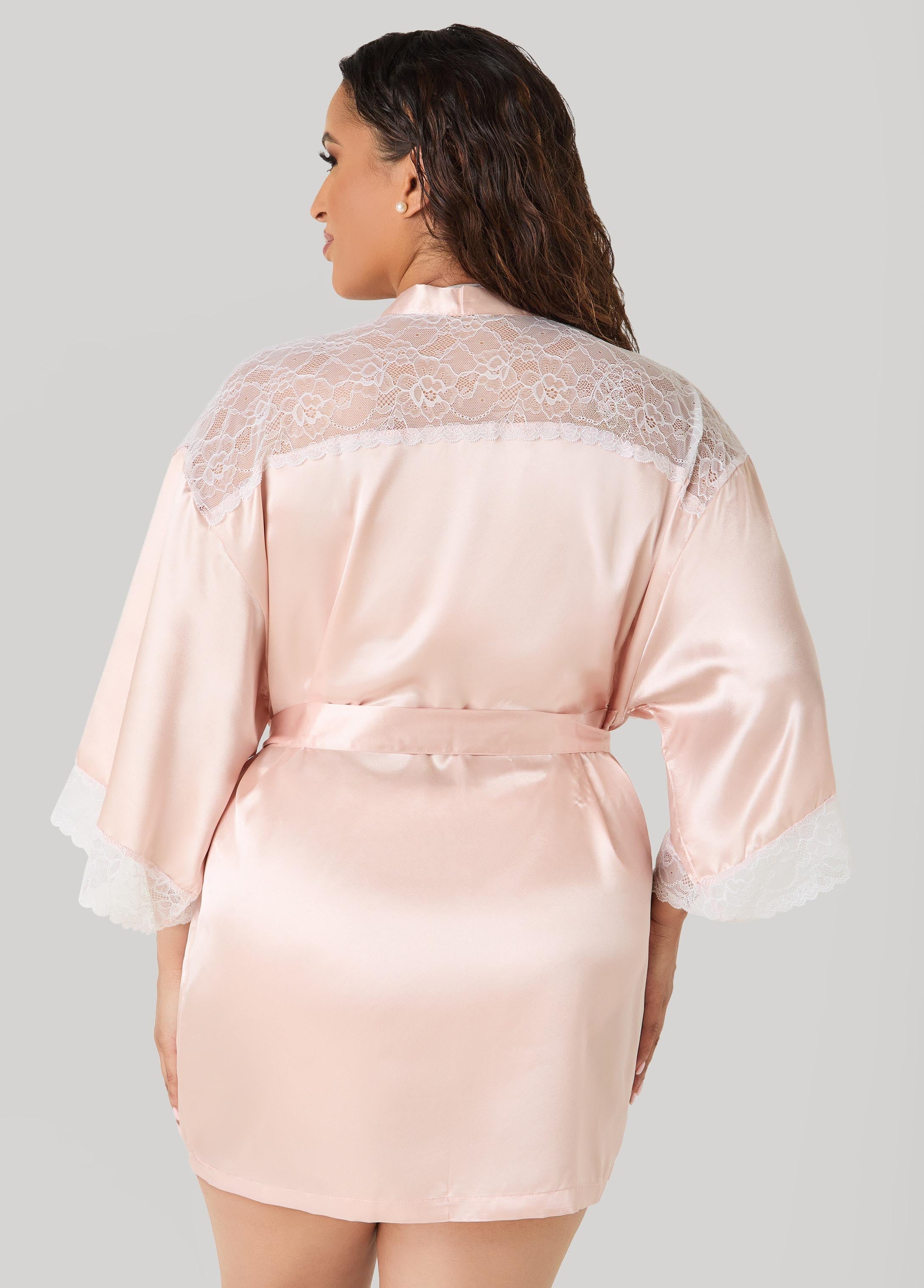 Two Tone Lace Paneled Satin Robe Rose | Ashley Stewart