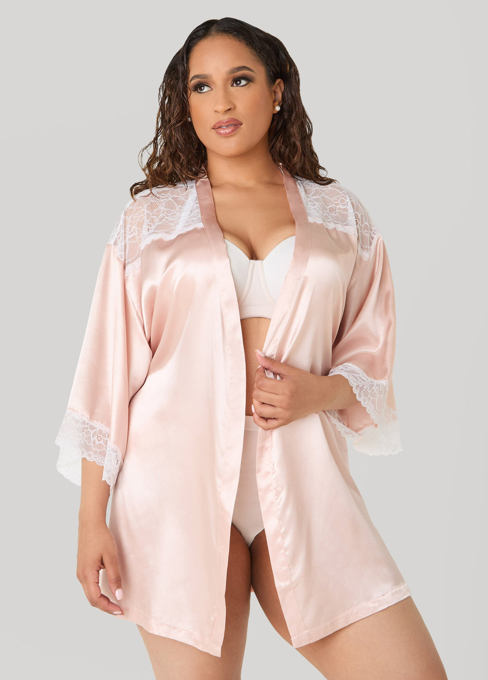 Two Tone Lace Paneled Satin Robe Rose | Ashley Stewart