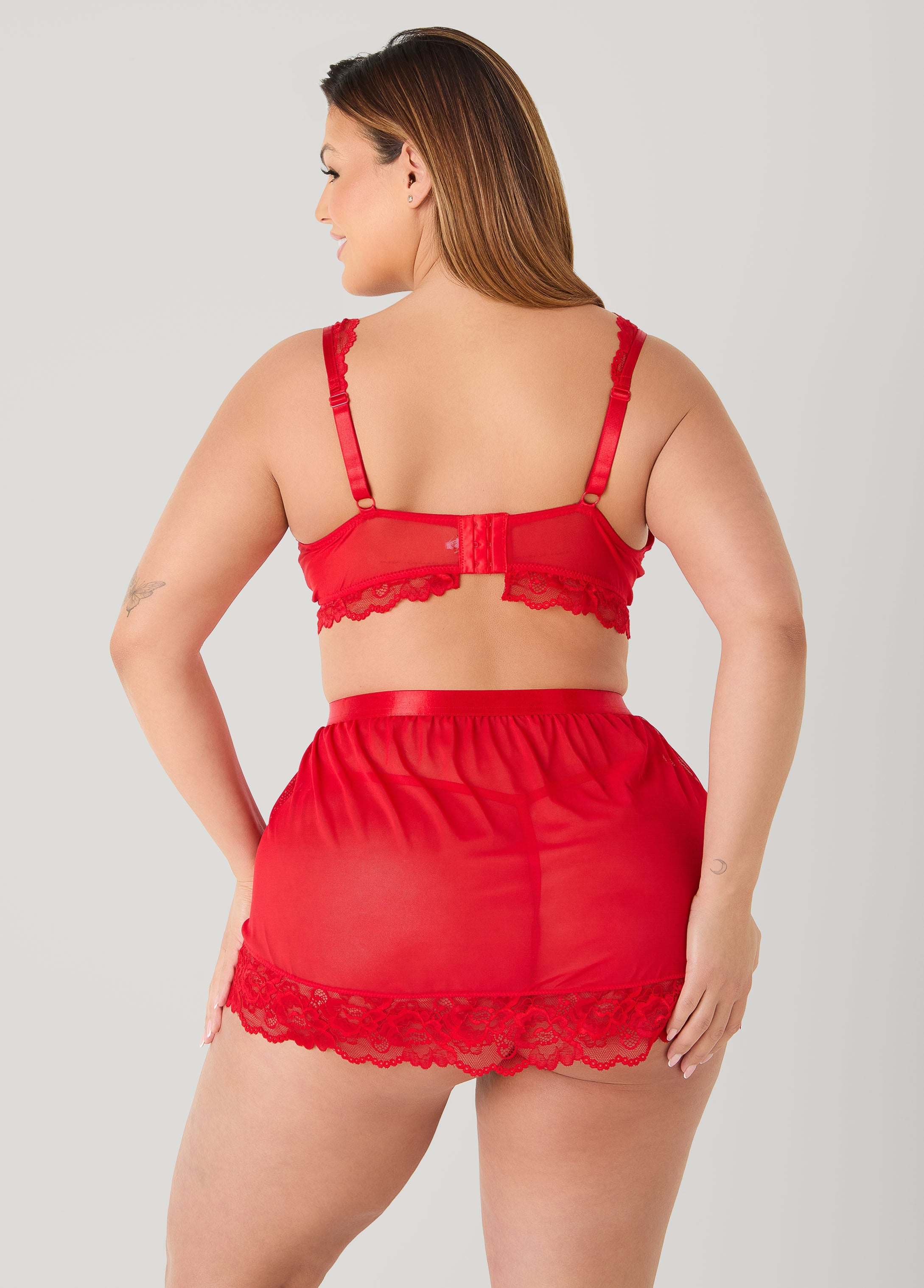 Mesh Bra And Skirt 3 Pc Set Black | Ashley Stewart