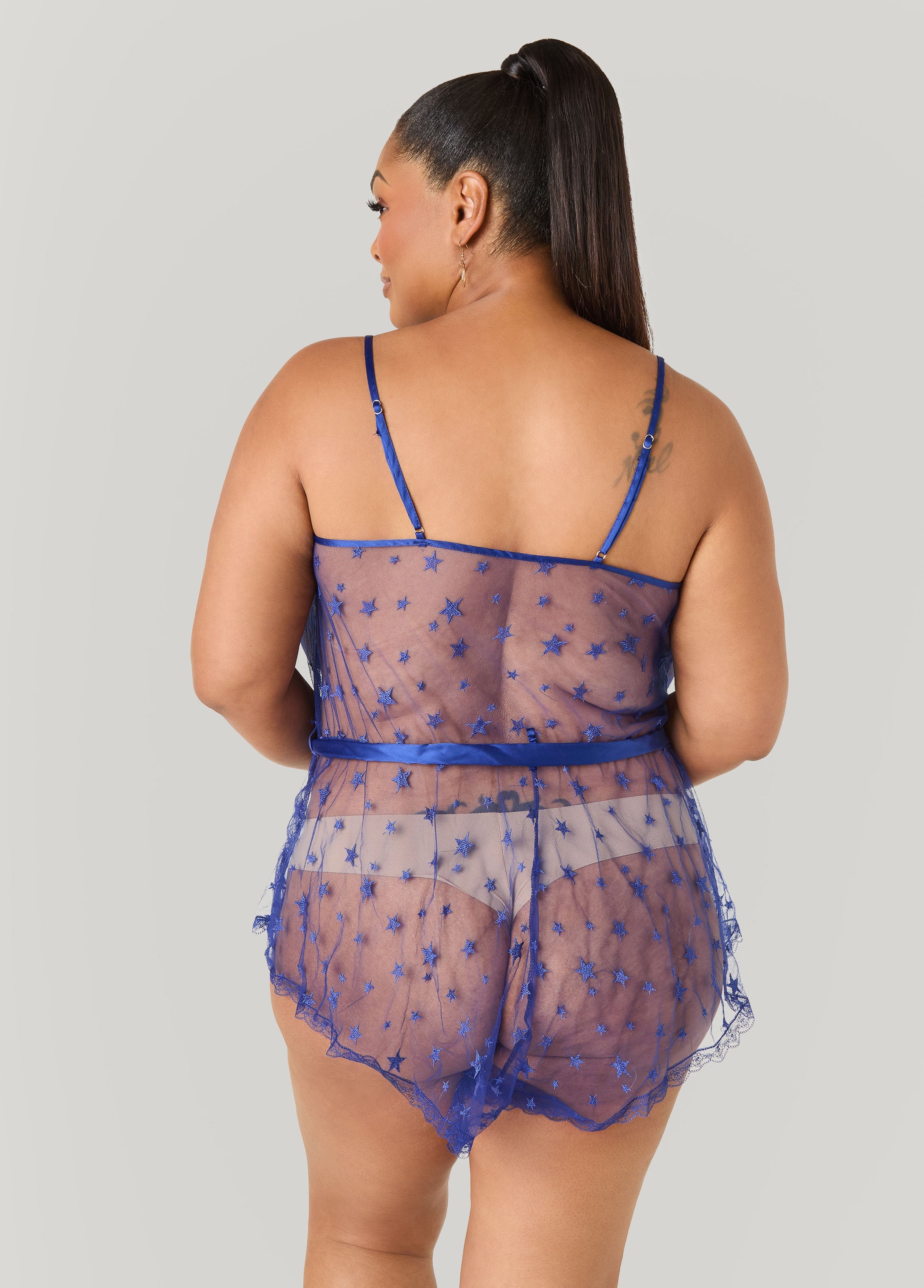 Star Mesh Lingerie Romper Navy | Ashley Stewart