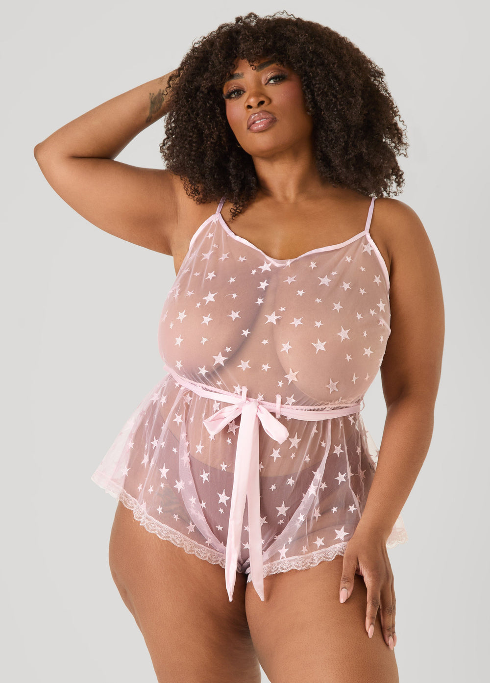 Star Mesh Lingerie Romper Navy | Ashley Stewart