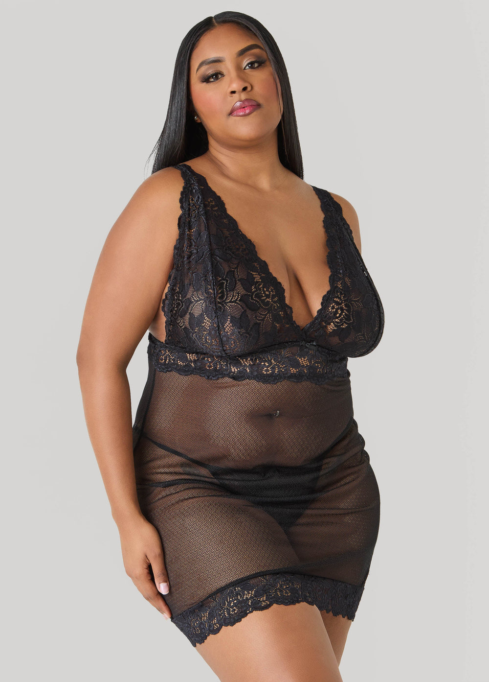 Lace Paneled Chemise Set Black | Ashley Stewart