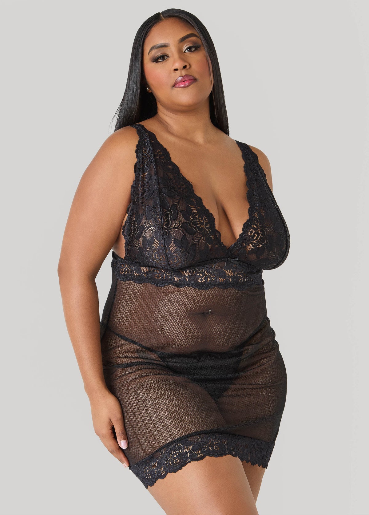 Lace Paneled Chemise Set Black | Ashley Stewart