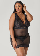 Lace Paneled Chemise Set Black | Ashley Stewart