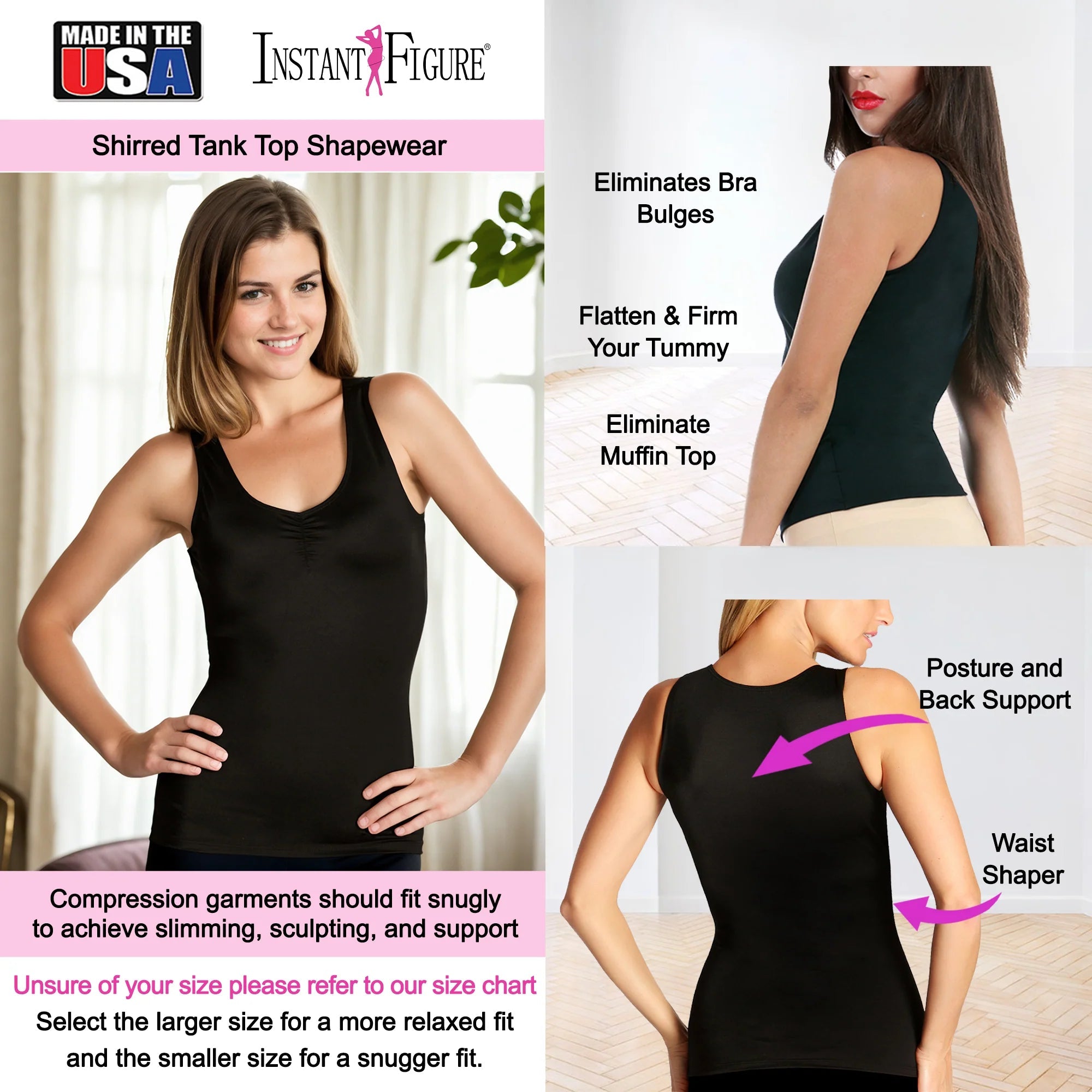 InstantFigure Shirred Shapewear Tank Black | Ashley Stewart