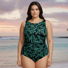 InstantFigure Tropical High Neck Swimsuit Green | Ashley Stewart