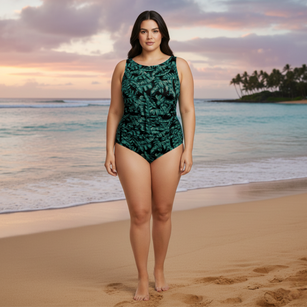 InstantFigure Tropical High Neck Swimsuit Green | Ashley Stewart