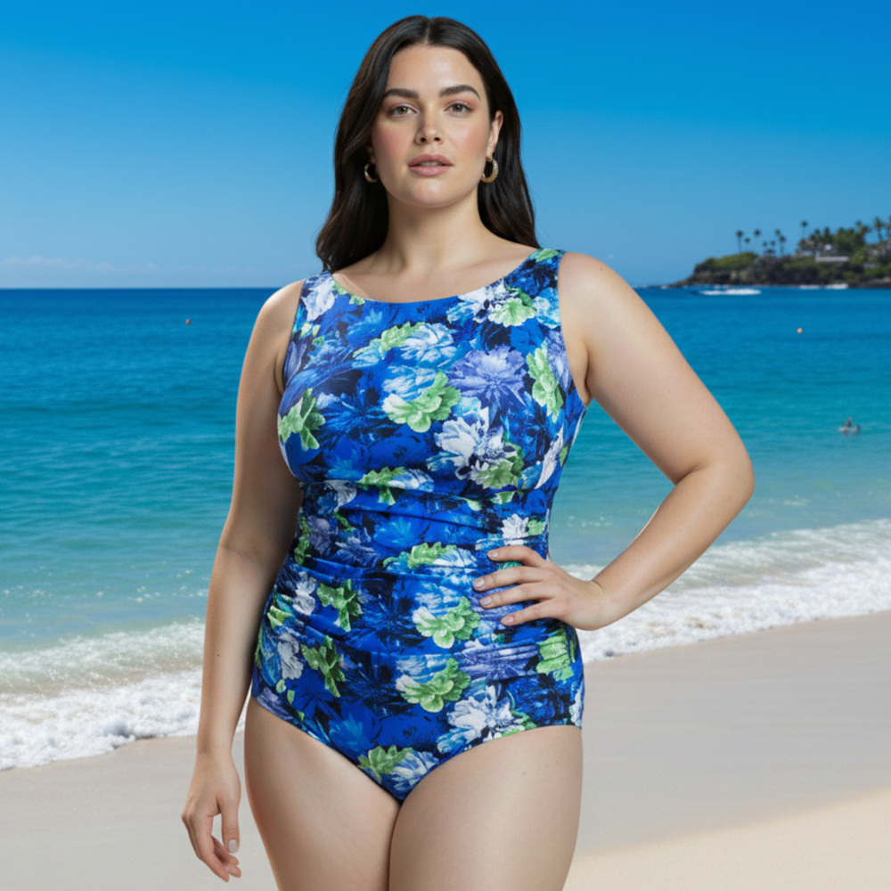 InstantFigure Floral High Neck Swimsuit Royal | Ashley Stewart