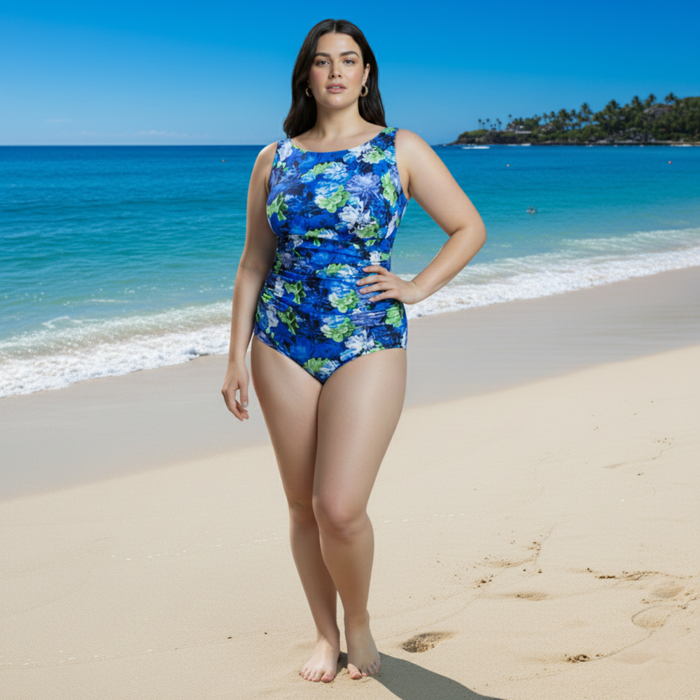 InstantFigure Floral High Neck Swimsuit Royal | Ashley Stewart