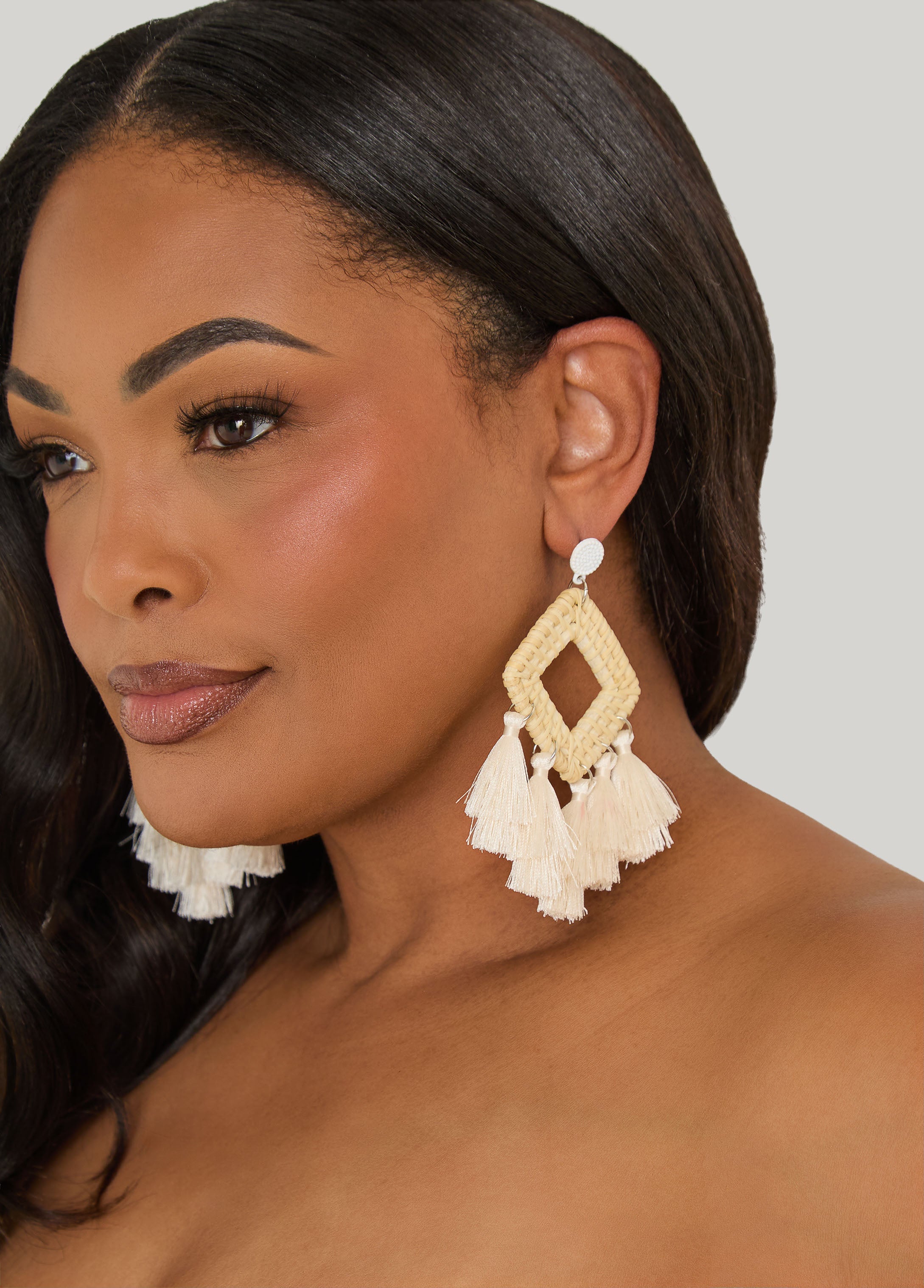 Tasseled Raffia Earrings White | Ashley Stewart