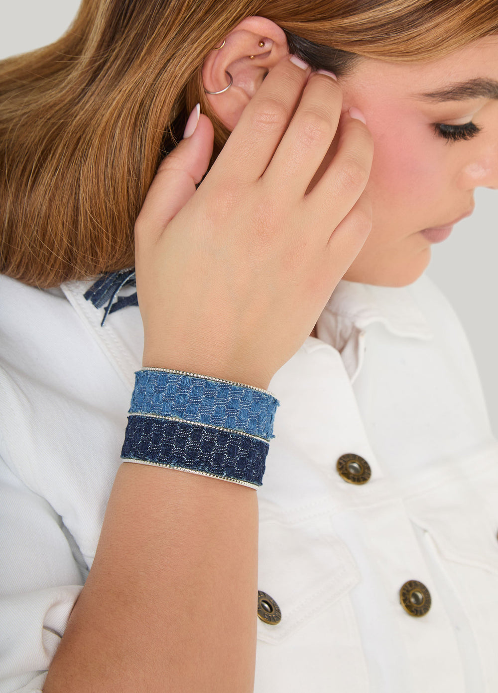 Two Tone Quilted Denim Cuff Denim | Ashley Stewart