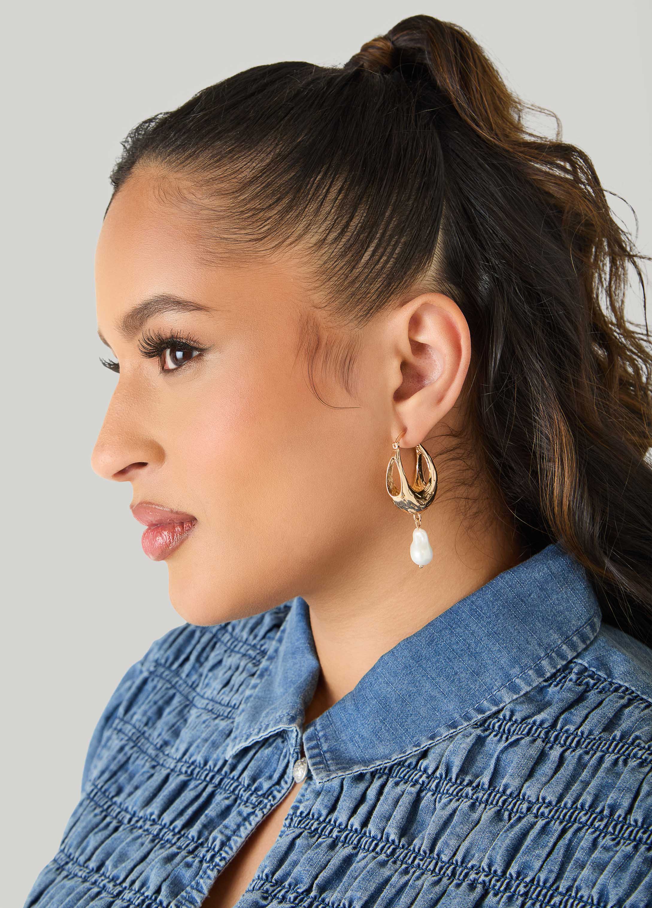 Faux Pearl Gold Huggie Earrings Gold | Ashley Stewart