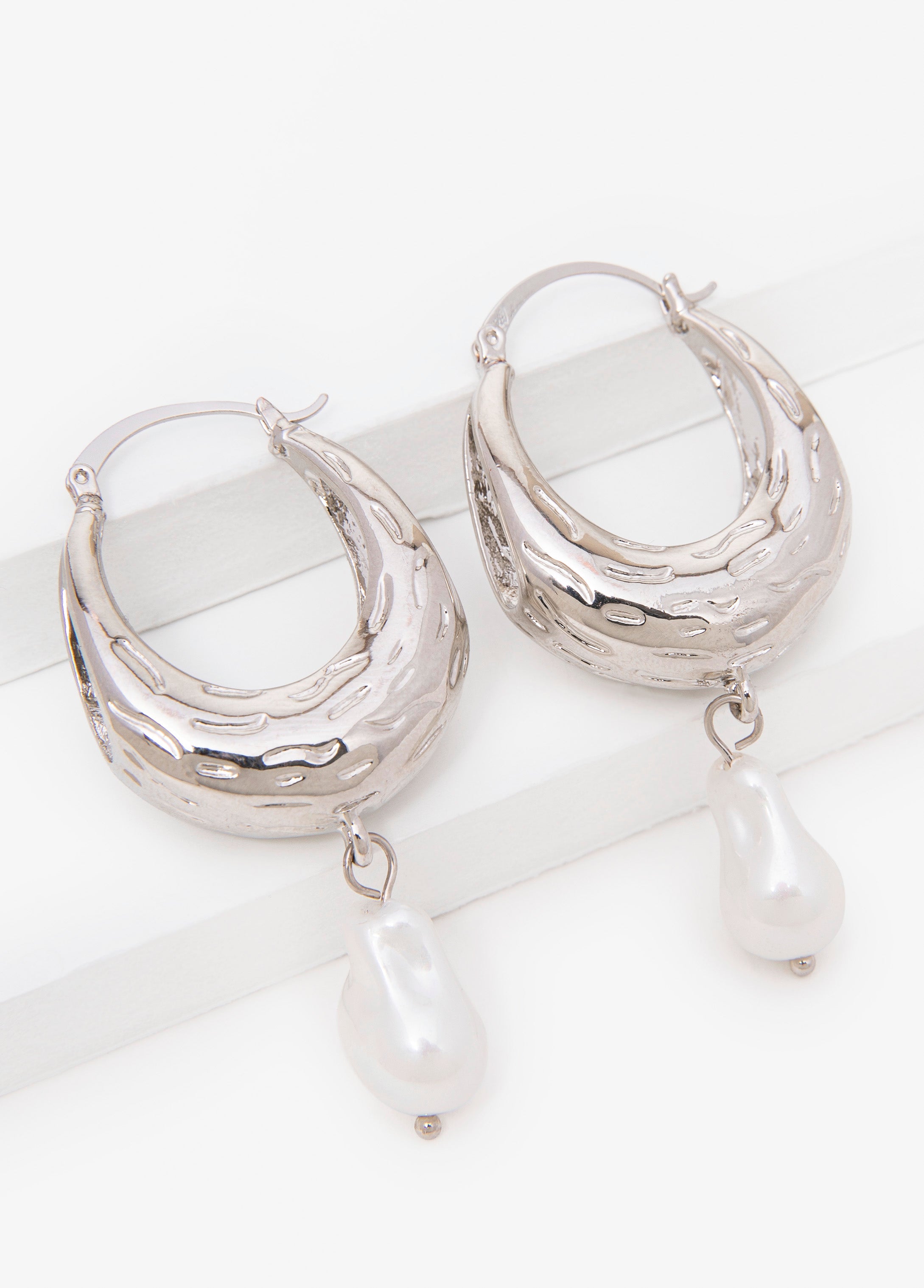 Faux Pearl Silver Huggie Earrings Silver | Ashley Stewart