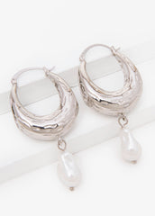 Faux Pearl Silver Huggie Earrings Silver | Ashley Stewart