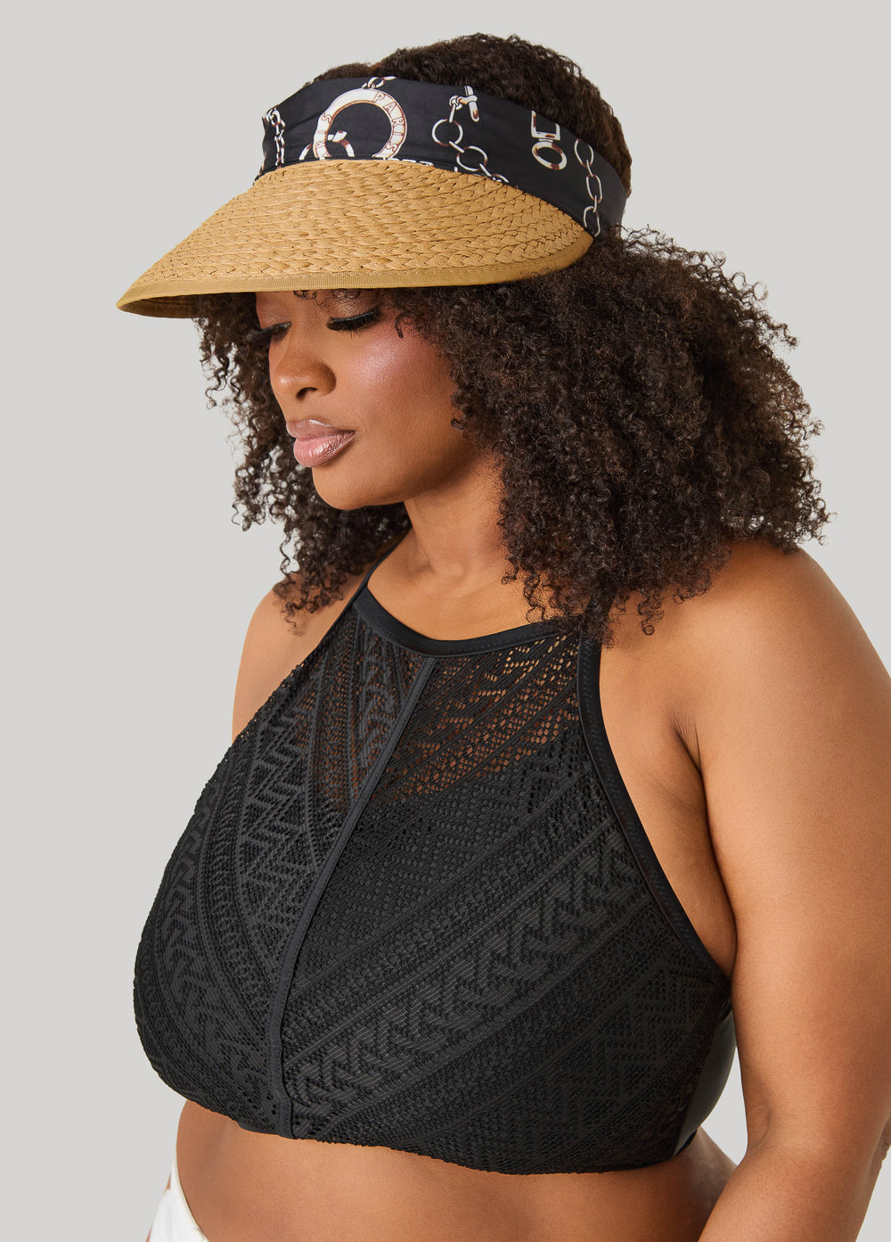 Scarf Paneled Straw Visor Natural | Ashley Stewart