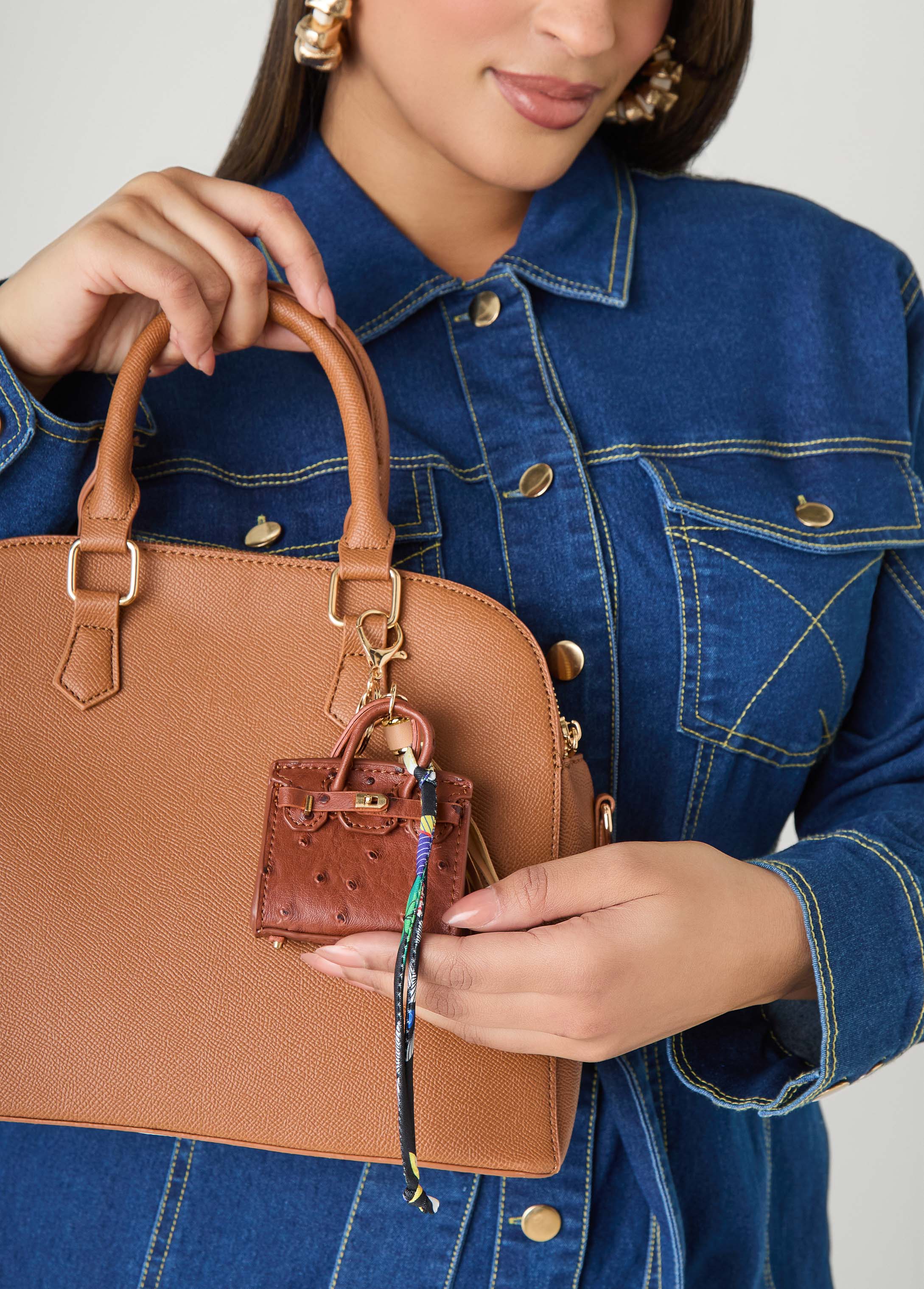 Ostrich Effect Tasseled Bag Charm Brown | Ashley Stewart
