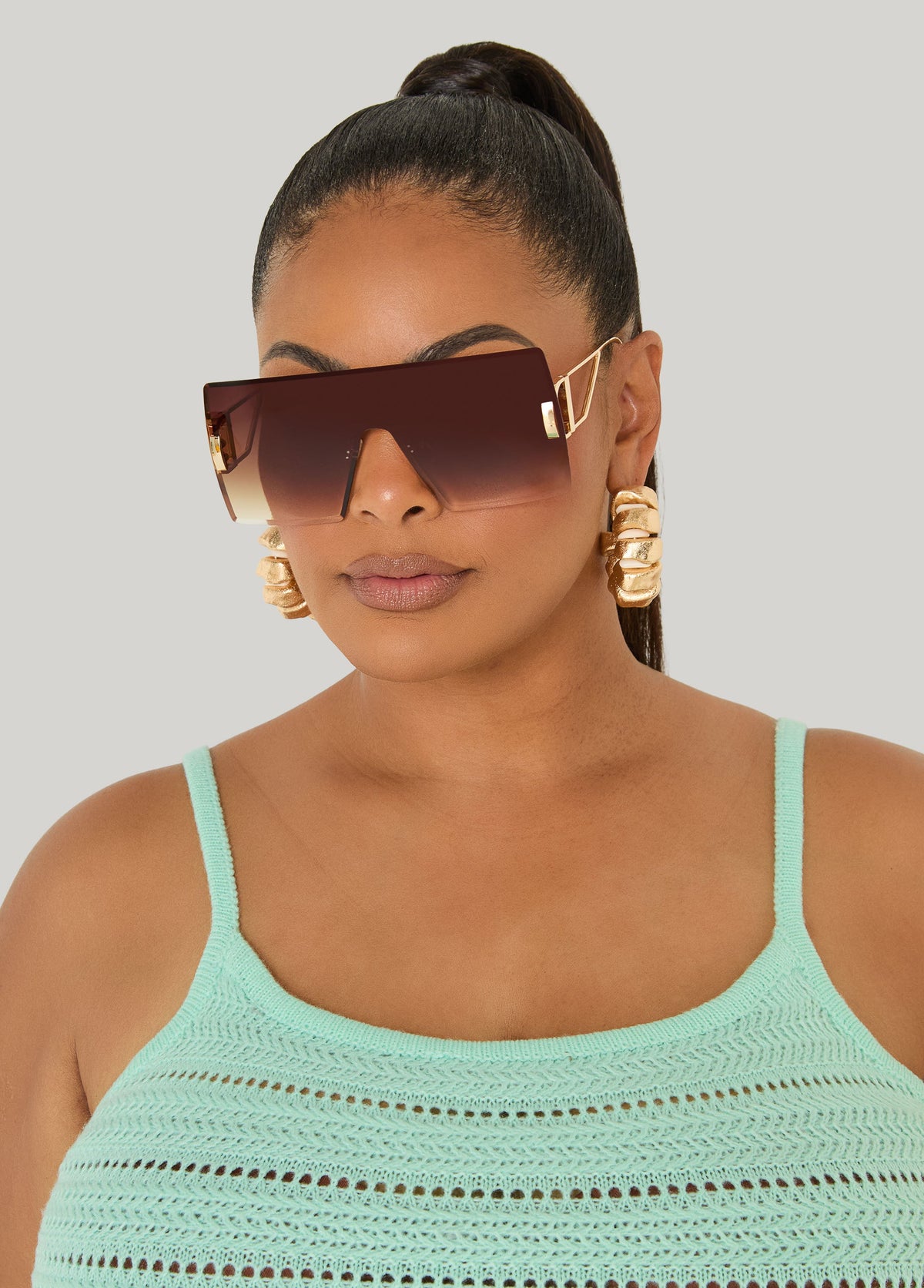 Rimless Shield Sunglasses Brown | Ashley Stewart