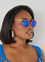 Reflective Round Frame Sunglasses Blue | Ashley Stewart