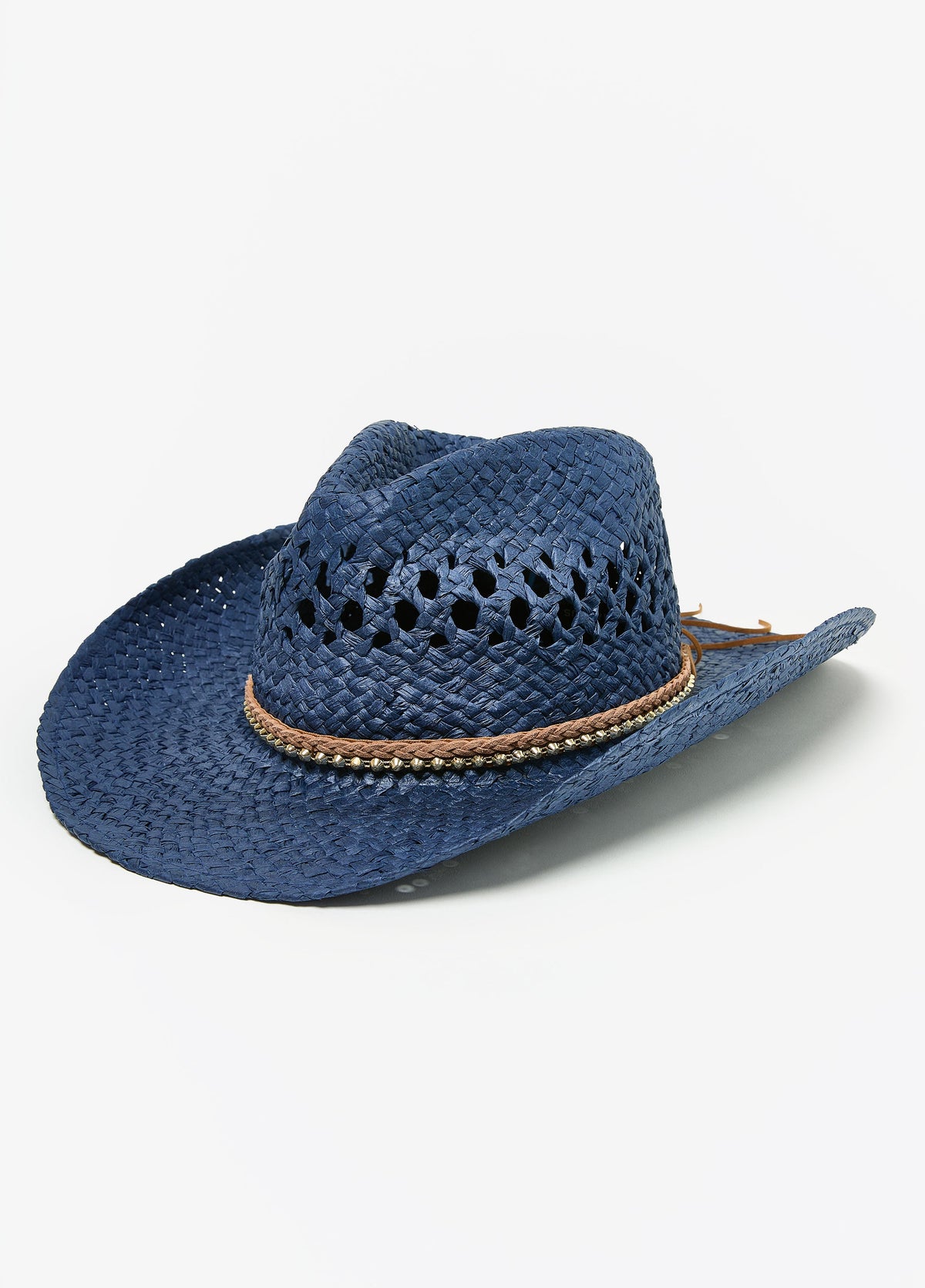 Studded Straw Cowboy Hat Blue | Ashley Stewart