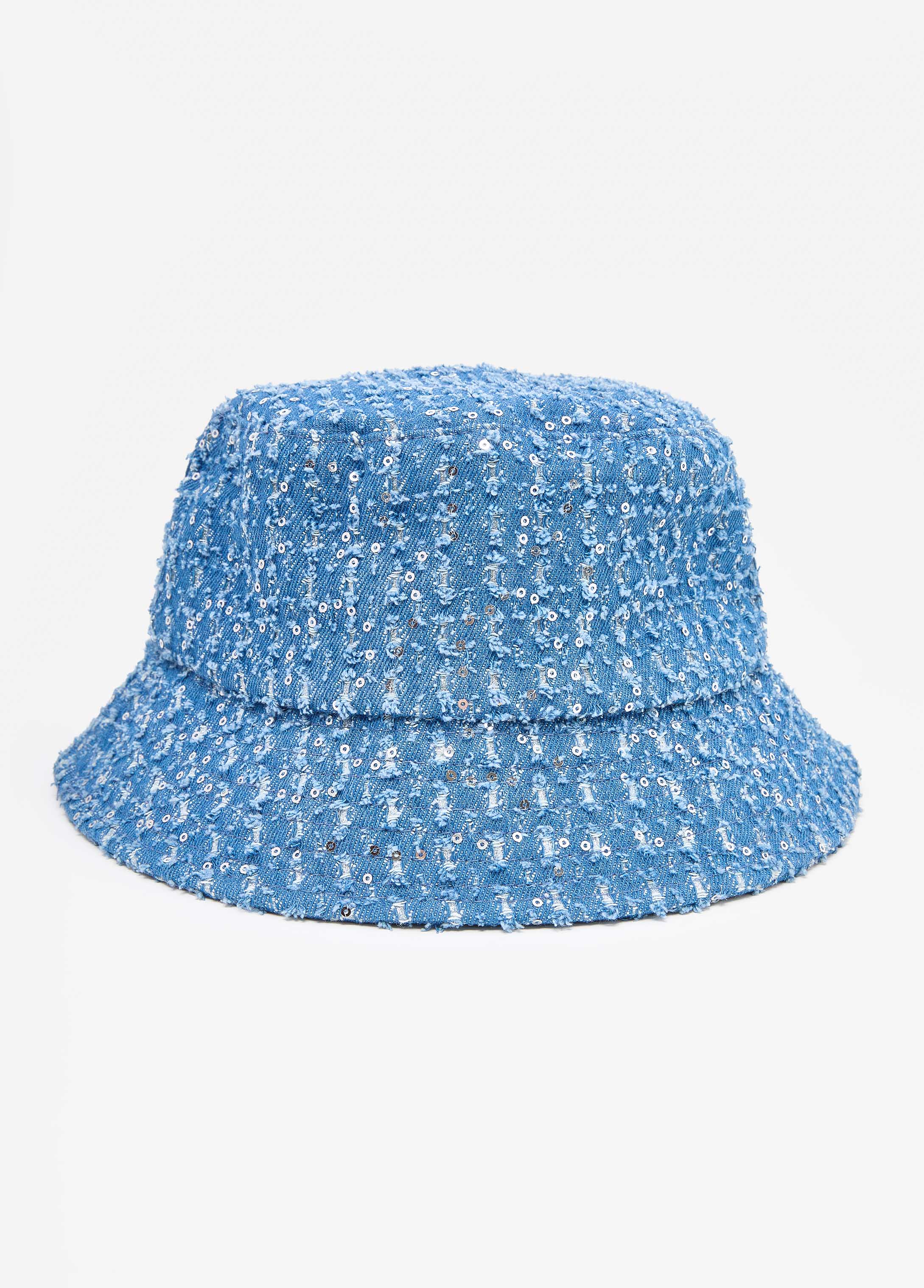 Distressed Sequin Denim Bucket Hat Denim | Ashley Stewart