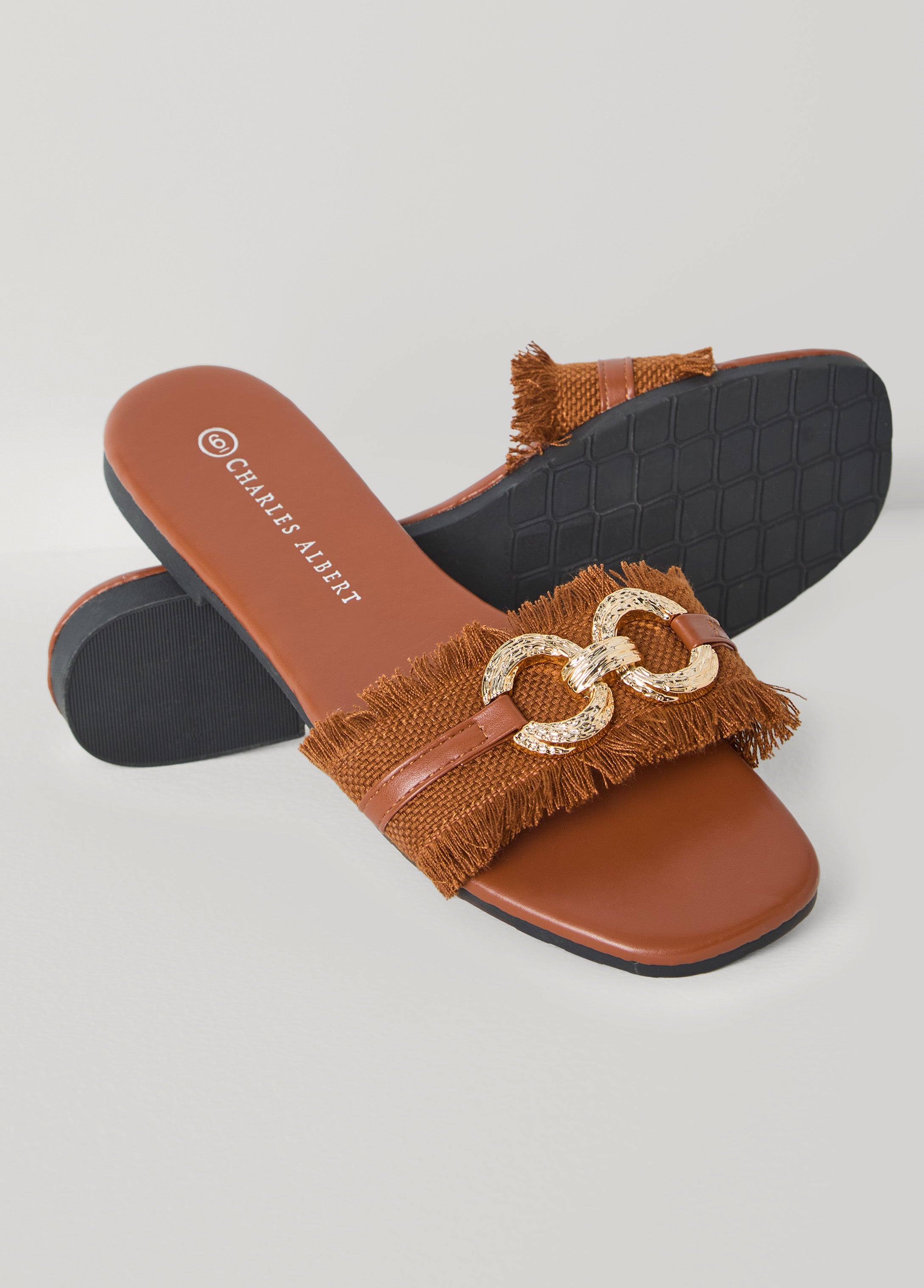 Frayed Hammered Ring Mules Brown | Ashley Stewart