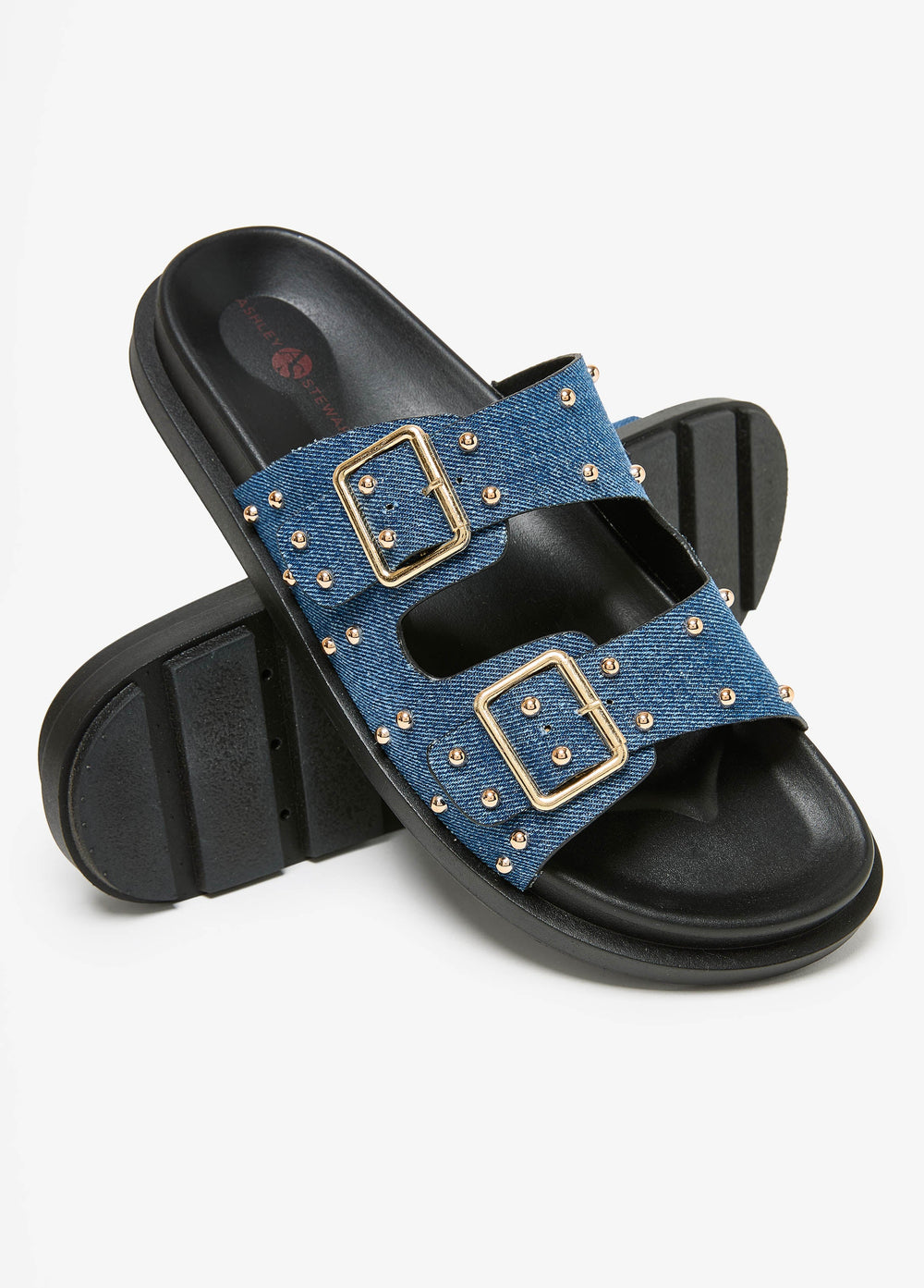 Studded Denim Slide Sandals Denim | Ashley Stewart