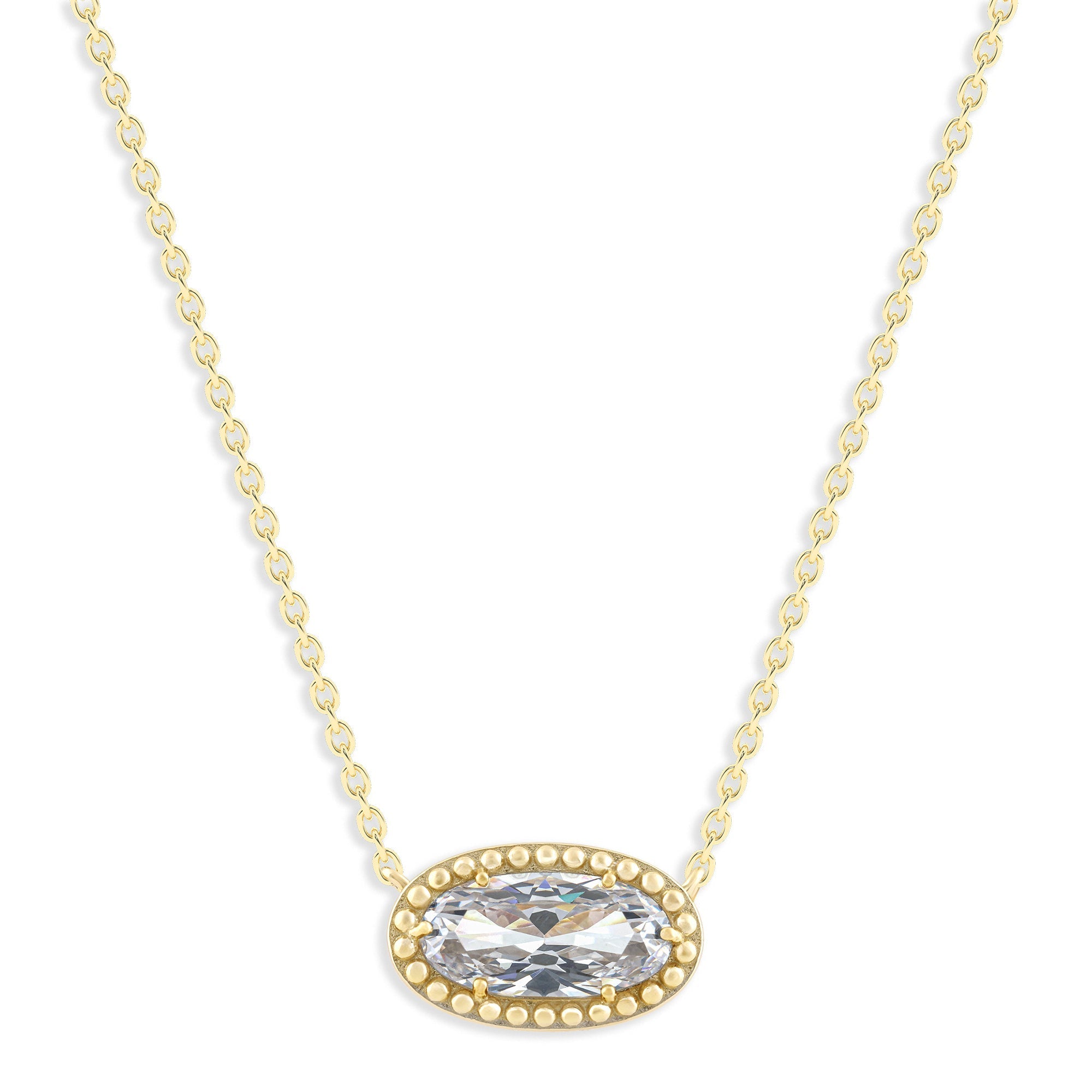 Oval Gemstone Necklace in 14K Gold Plated Sterling Silver, Oval Pendan White Zircon | Ashley Stewart