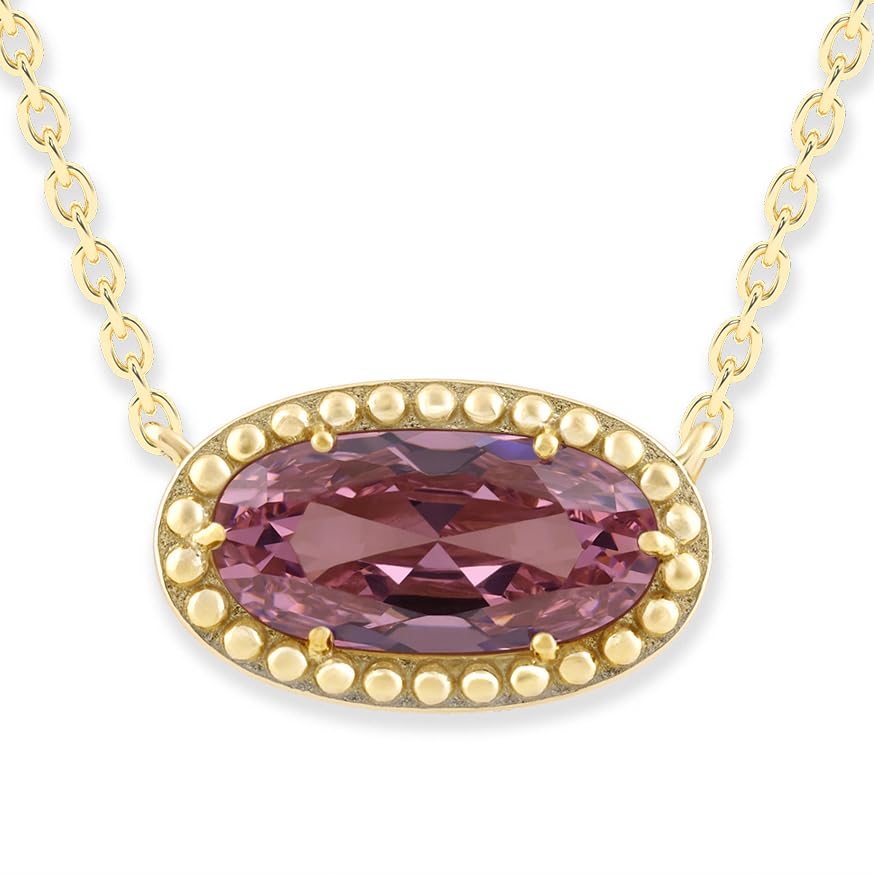 Oval Gemstone Necklace in 14K Gold Plated Sterling Silver, Oval Pendan White Zircon | Ashley Stewart
