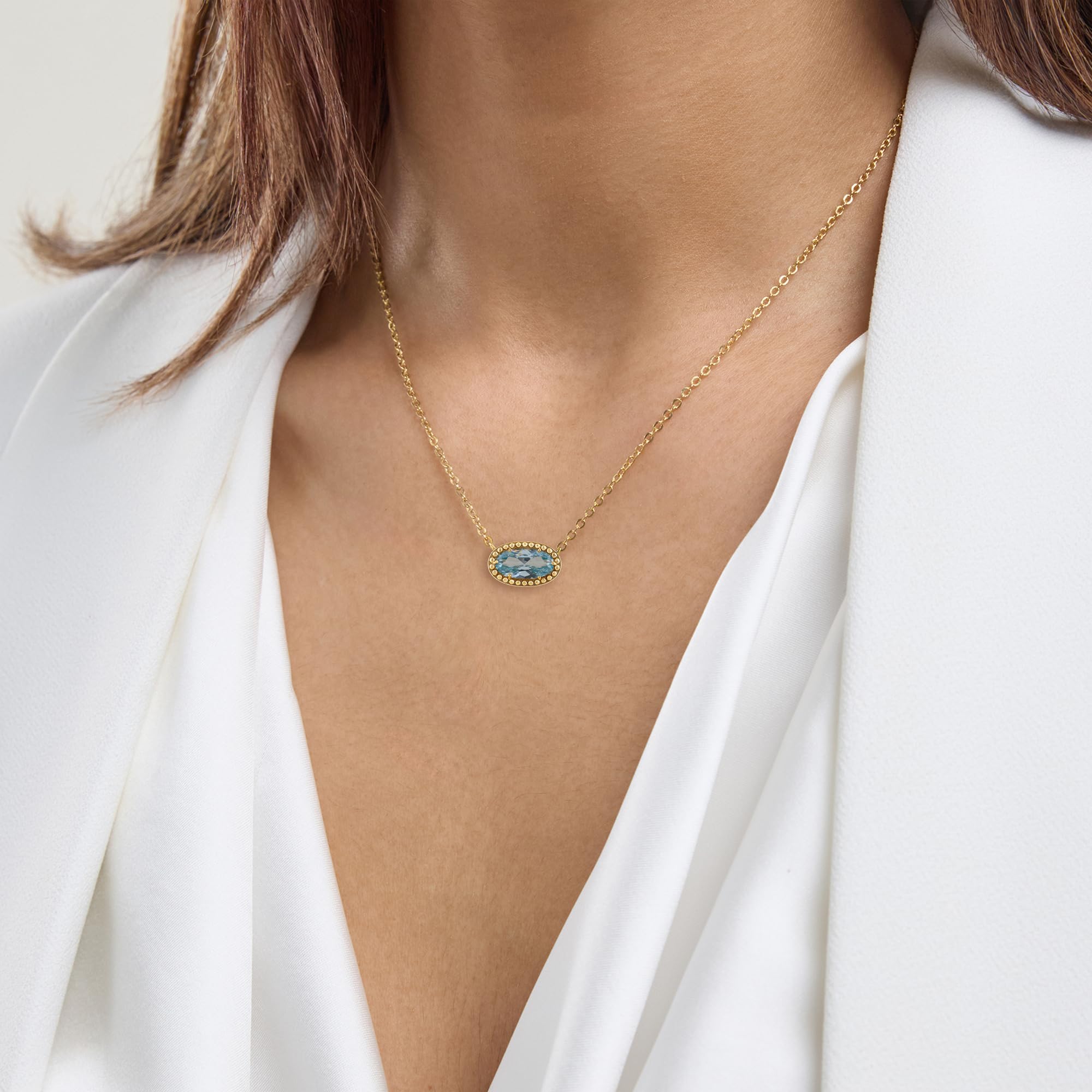 Oval Gemstone Necklace in 14K Gold Plated Sterling Silver, Oval Pendan White Zircon | Ashley Stewart