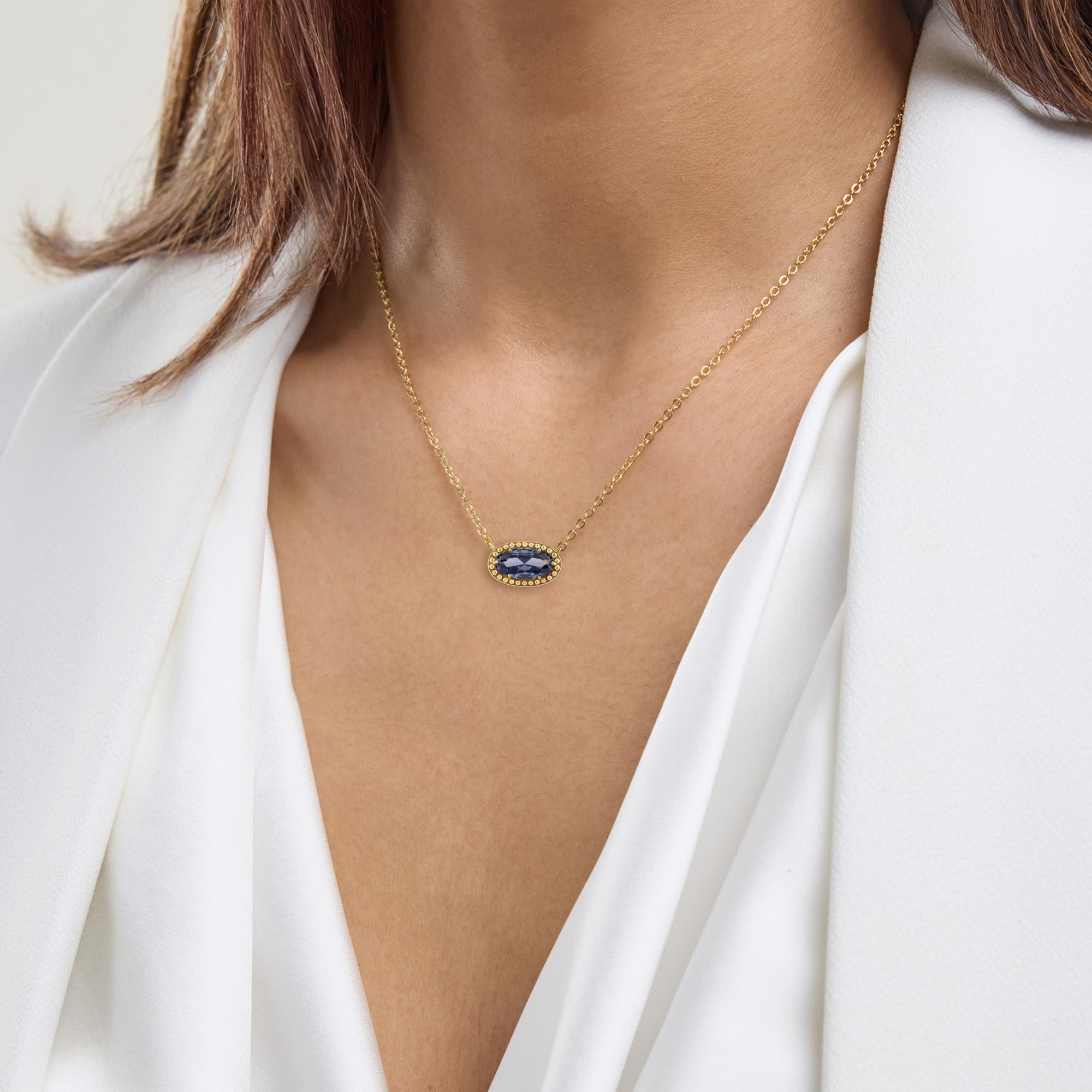 Oval Gemstone Necklace in 14K Gold Plated Sterling Silver, Oval Pendan White Zircon | Ashley Stewart
