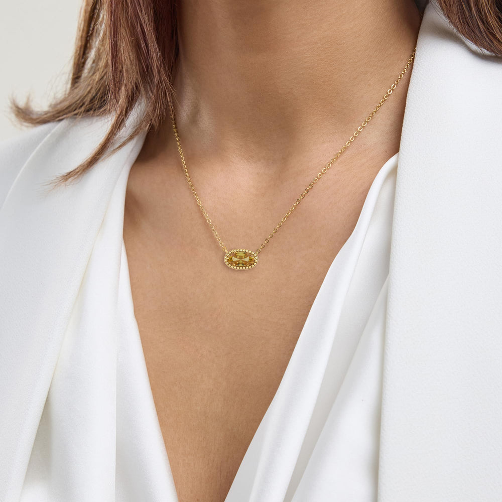 Oval Gemstone Necklace in 14K Gold Plated Sterling Silver, Oval Pendan White Zircon | Ashley Stewart