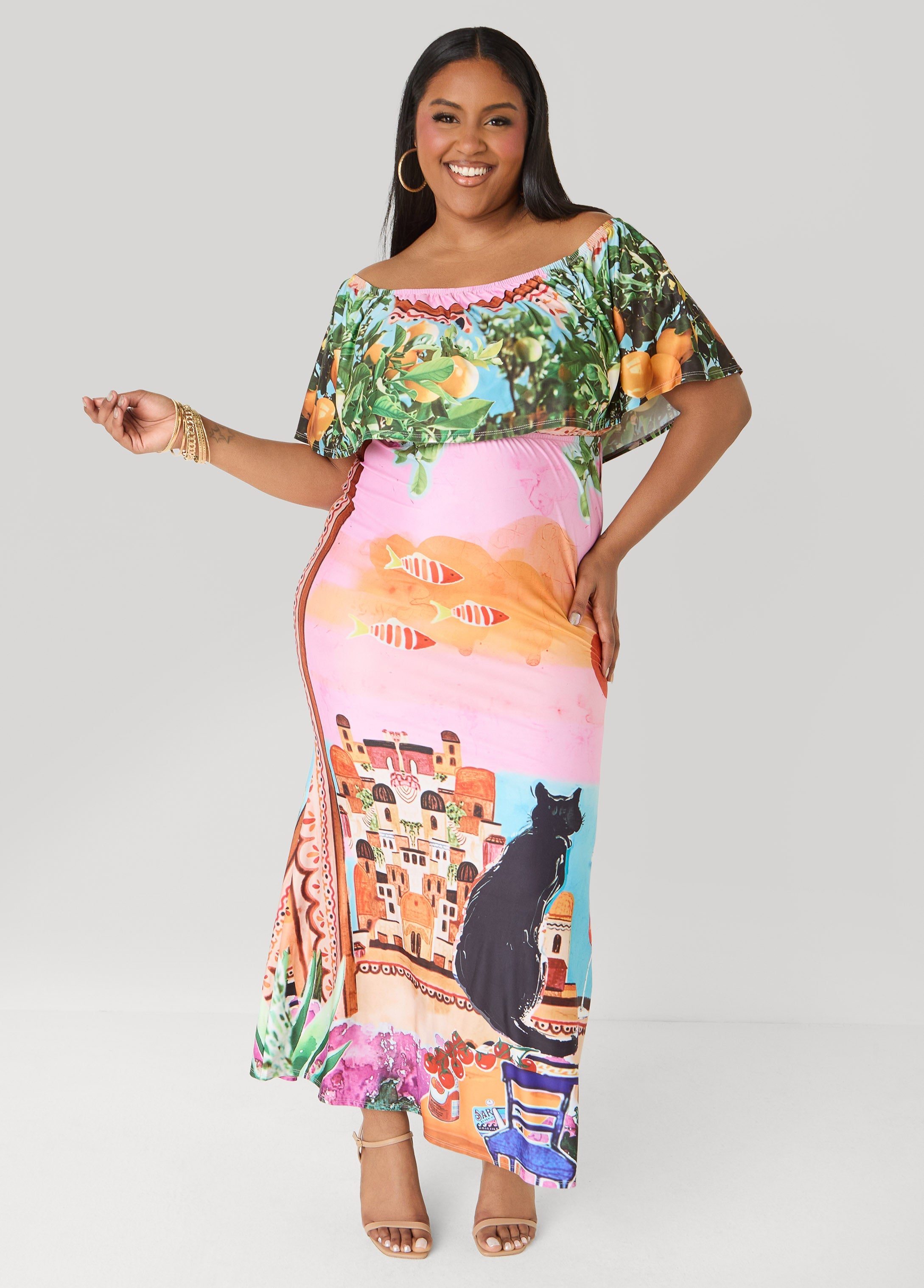 Printed Off The Shoulder Dress Multi | Ashley Stewart