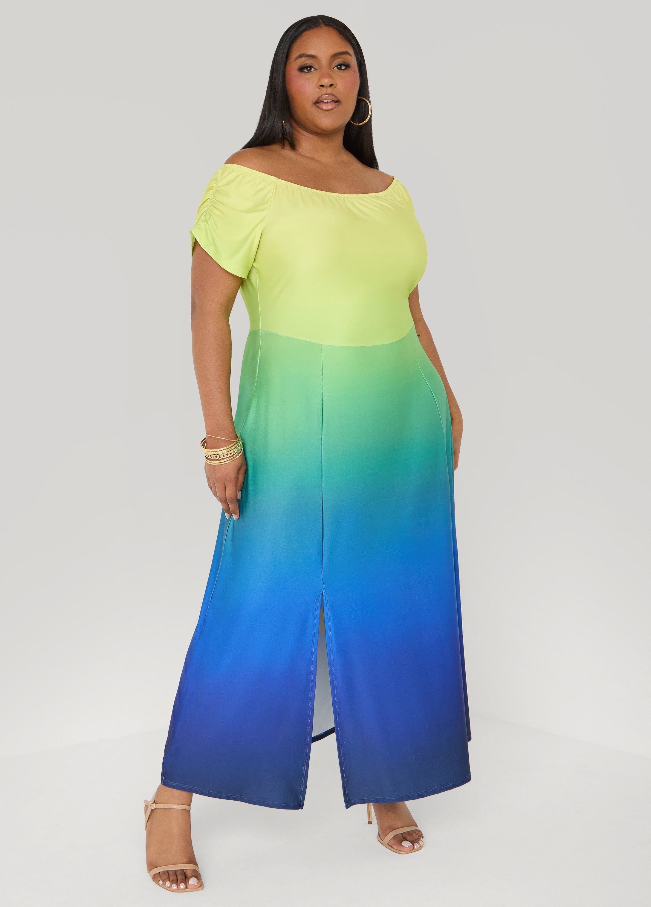 Off The Shoulder Ombre Maxi Dress Caribbean Sea | Ashley Stewart