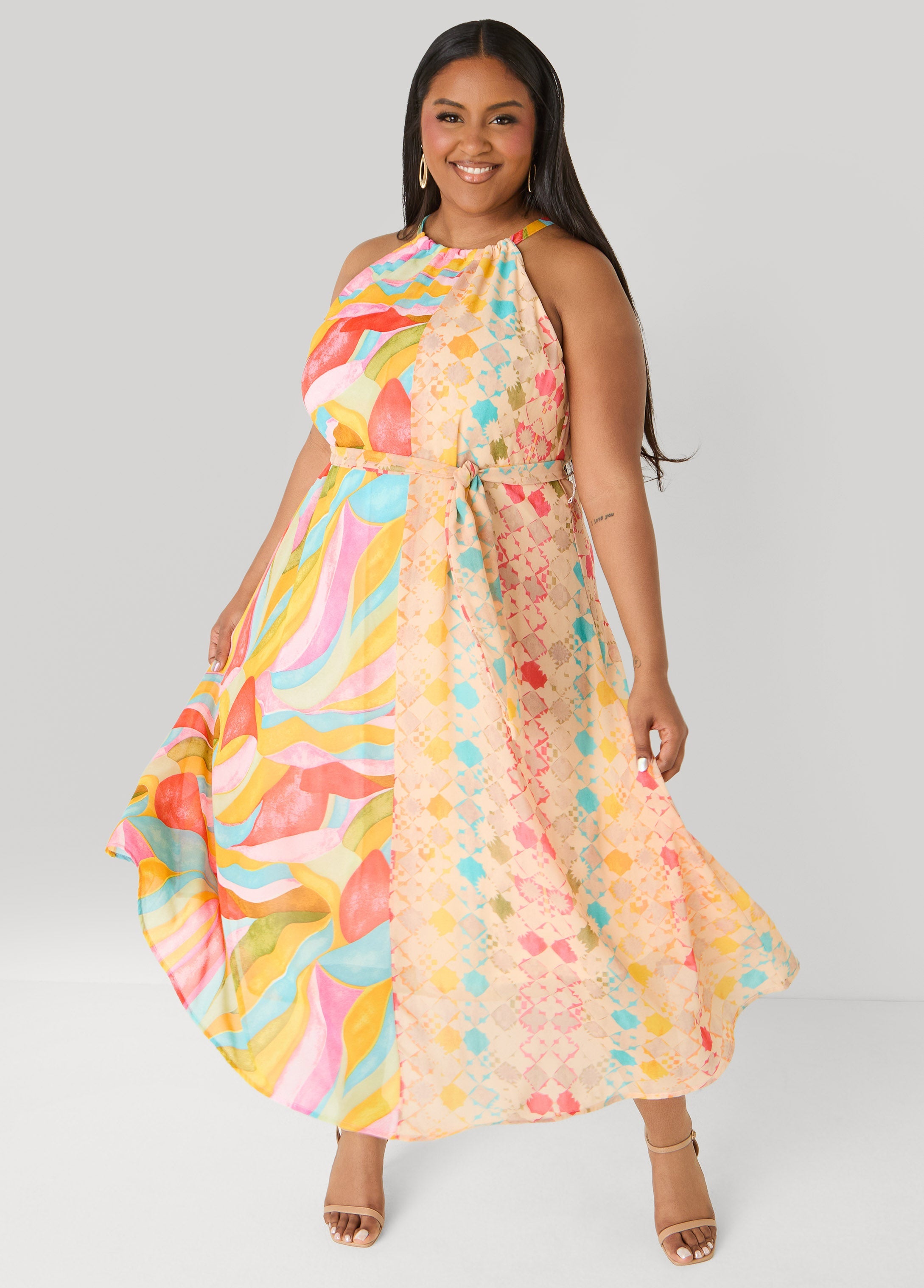 Belted Scarf Print Maxi Dress Multi | Ashley Stewart