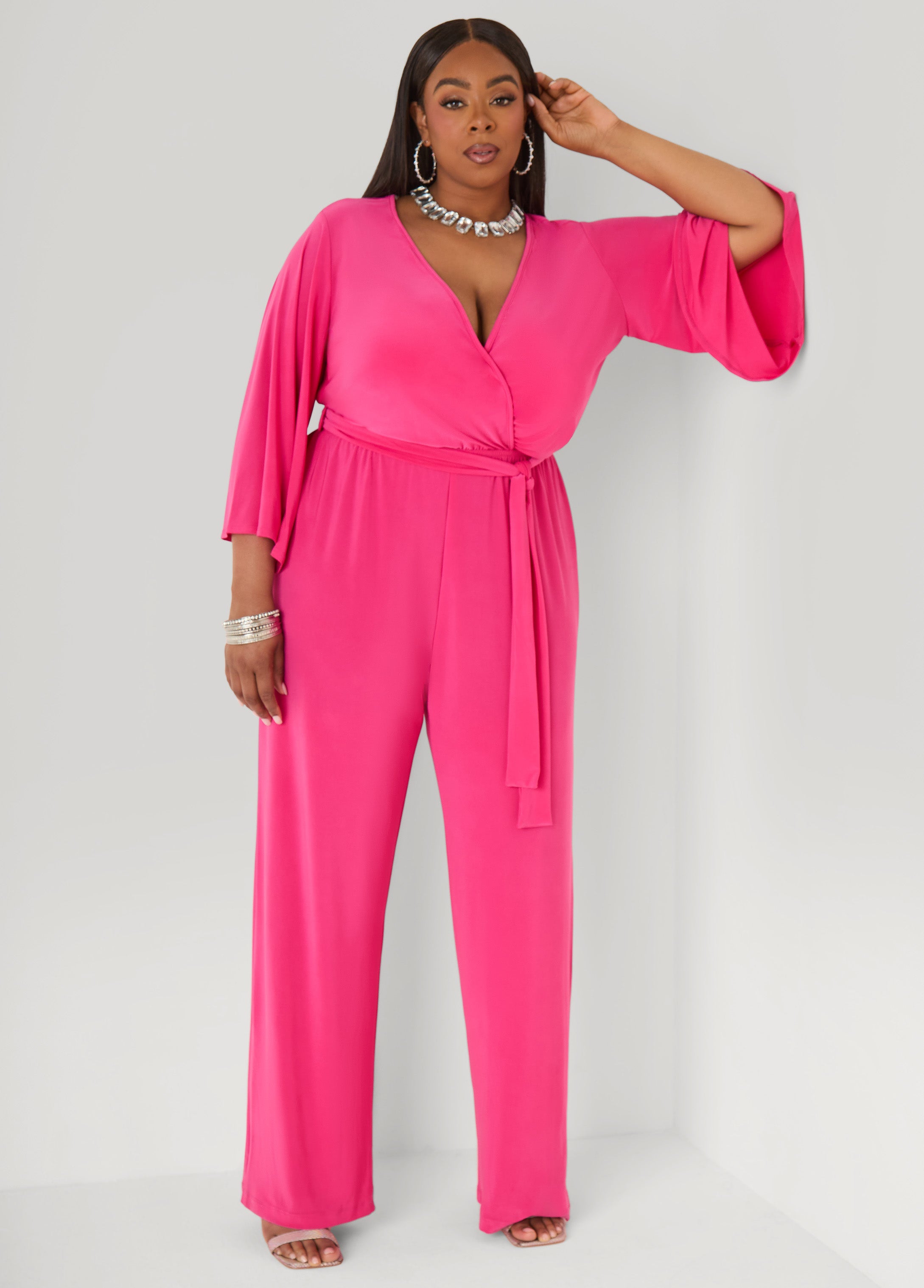 Stretch Knit Faux Wrap Jumpsuit Amazon | Ashley Stewart