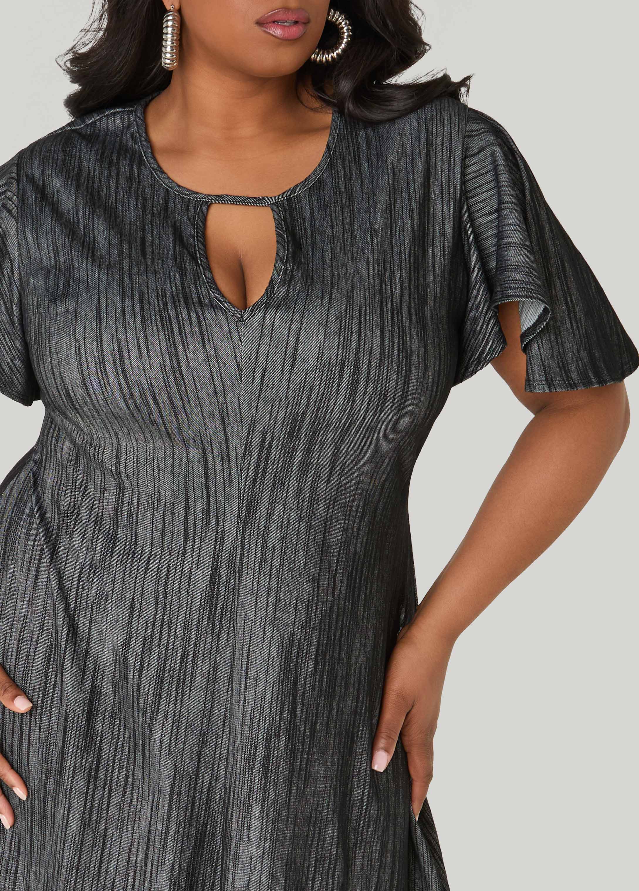 Cutout Textured Denim A Line Dress Denim | Ashley Stewart
