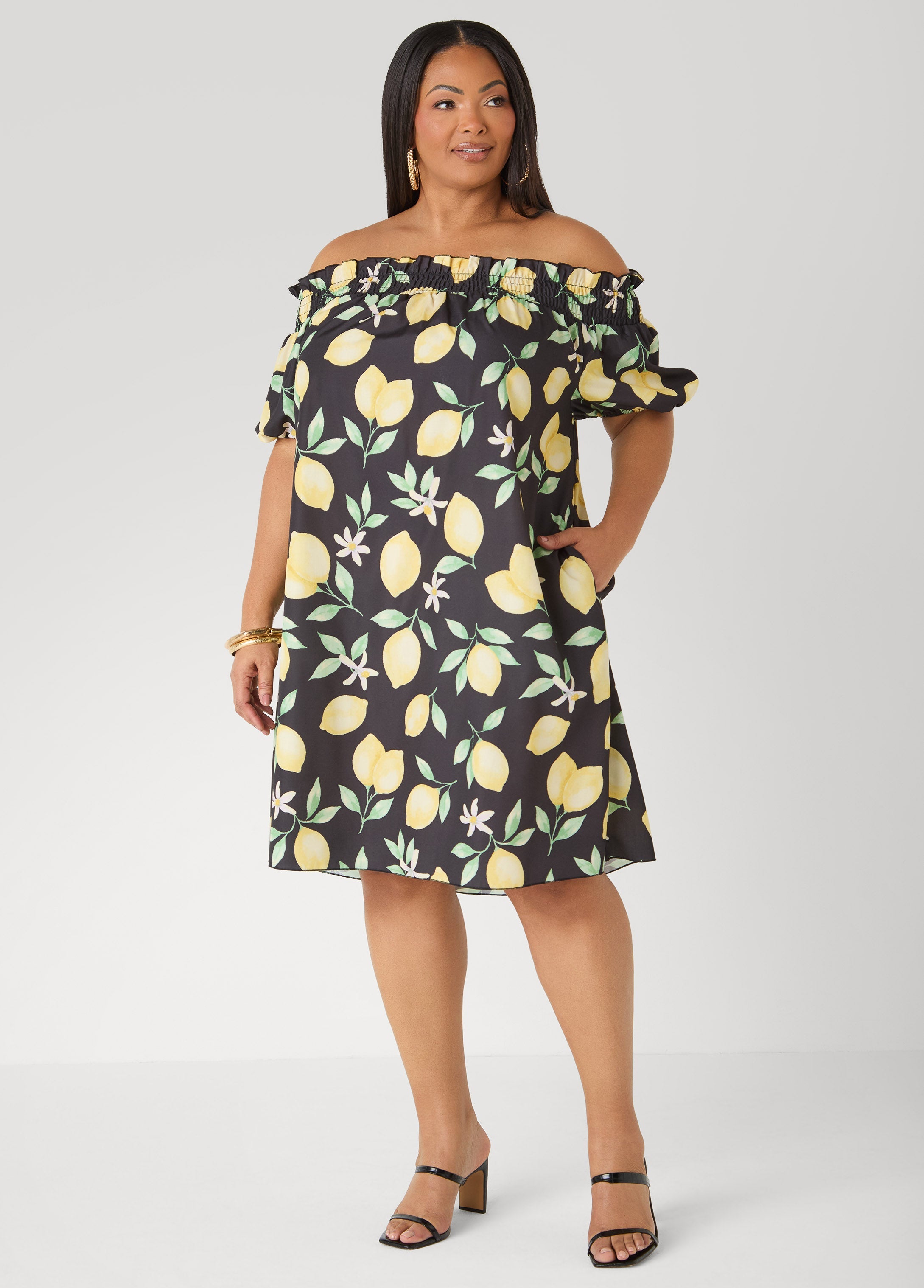 Off The Shoulder Lemon Print Dress Black Combo | Ashley Stewart