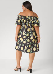 Off The Shoulder Lemon Print Dress Black Combo | Ashley Stewart