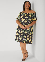 Off The Shoulder Lemon Print Dress Black Combo | Ashley Stewart