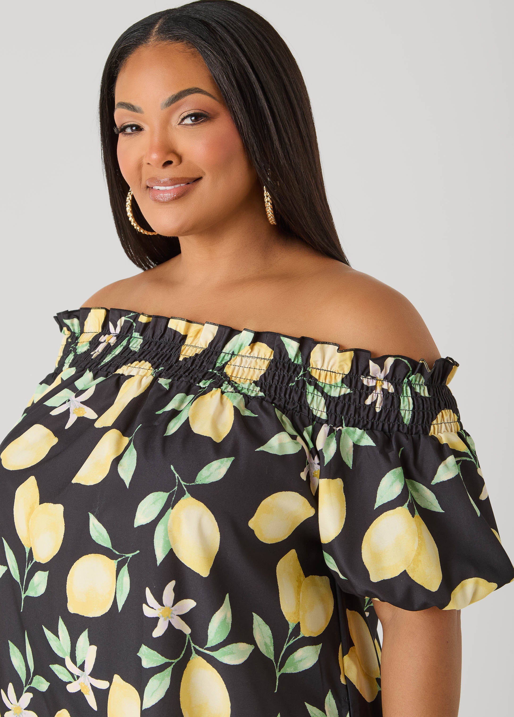 Off The Shoulder Lemon Print Dress Black Combo | Ashley Stewart