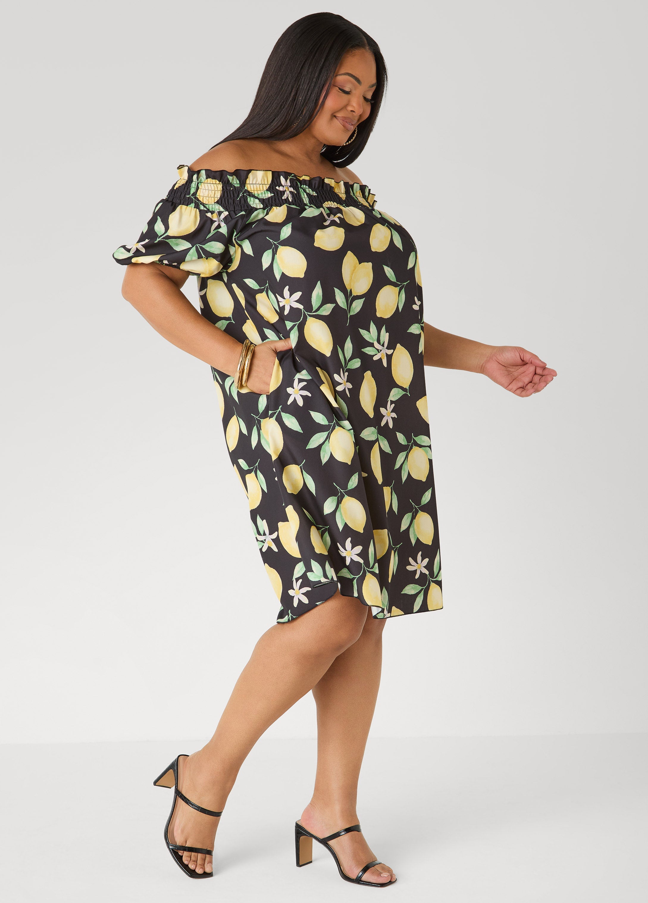 Off The Shoulder Lemon Print Dress Black Combo | Ashley Stewart