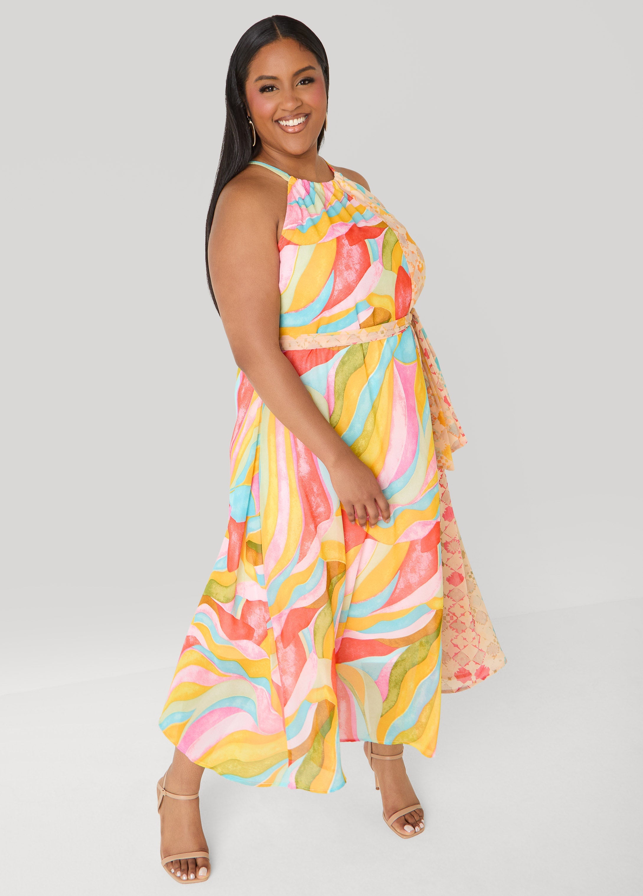 Tall Belted Scarf Print Maxi Dress Multi | Ashley Stewart