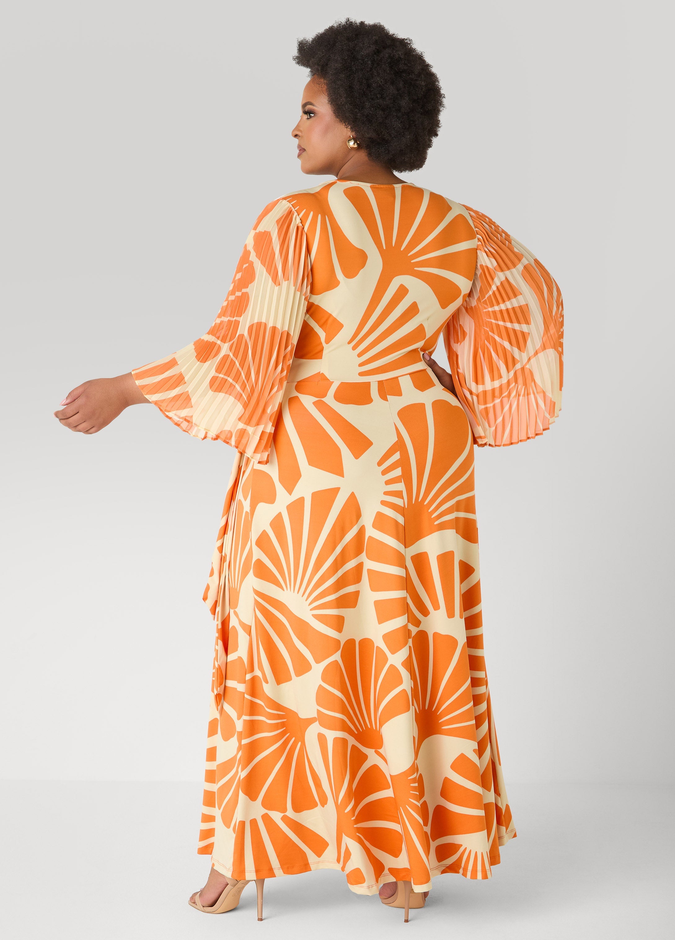 Tall Pleated Sleeve Tropical Wrap Dress Persimmon Orange | Ashley Stewart