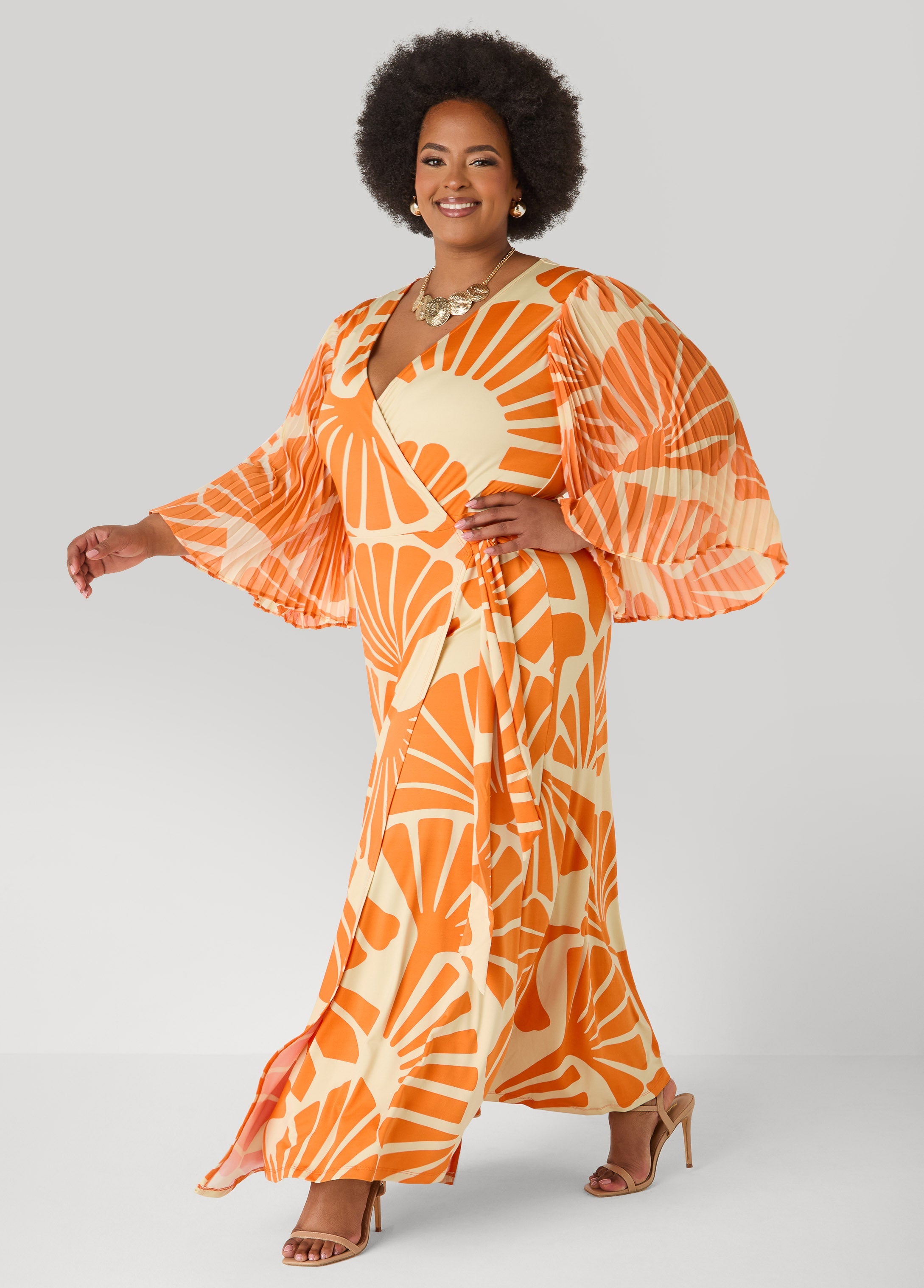 Tall Pleated Sleeve Tropical Wrap Dress Persimmon Orange | Ashley Stewart