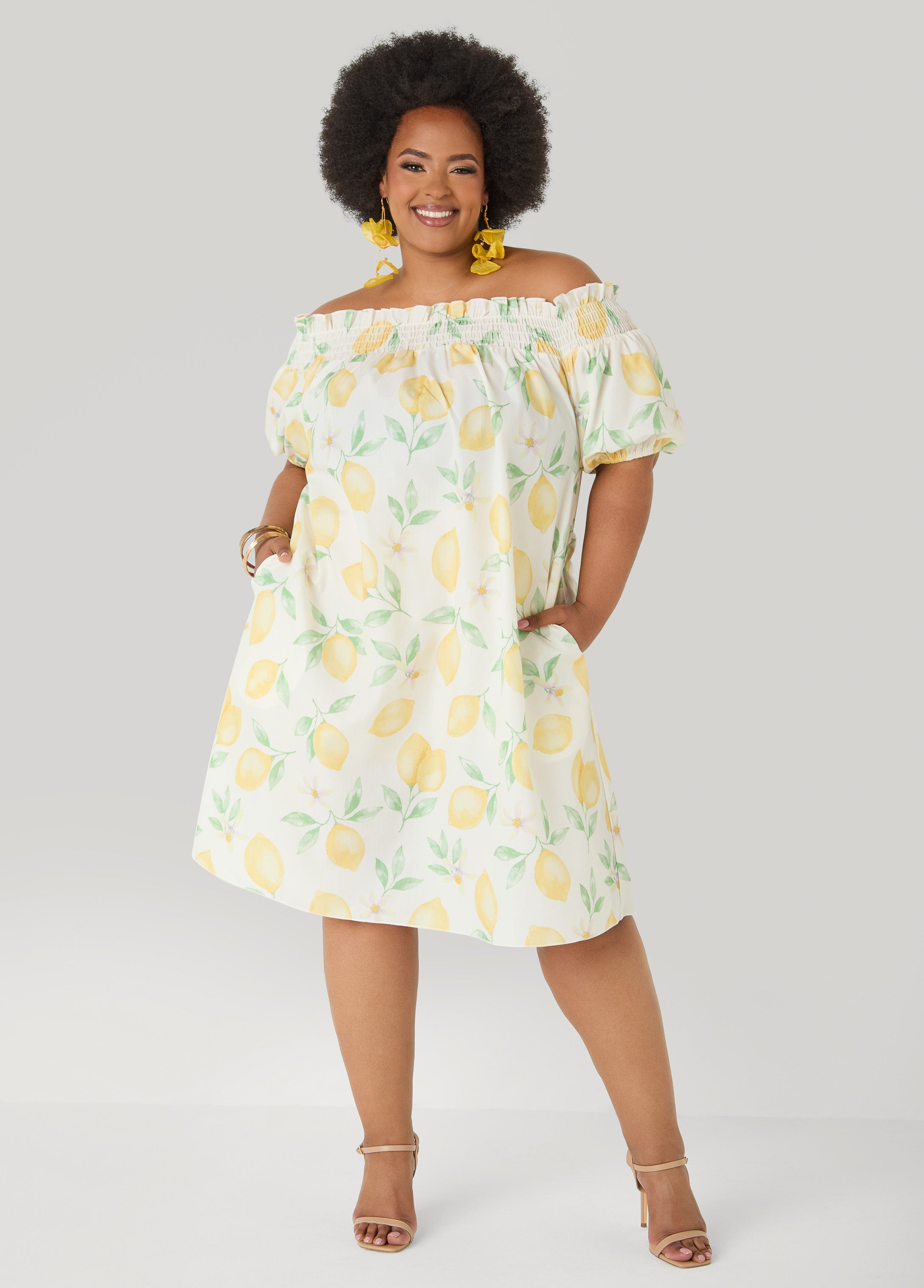 Lemon Print Off The Shoulder Dress White | Ashley Stewart