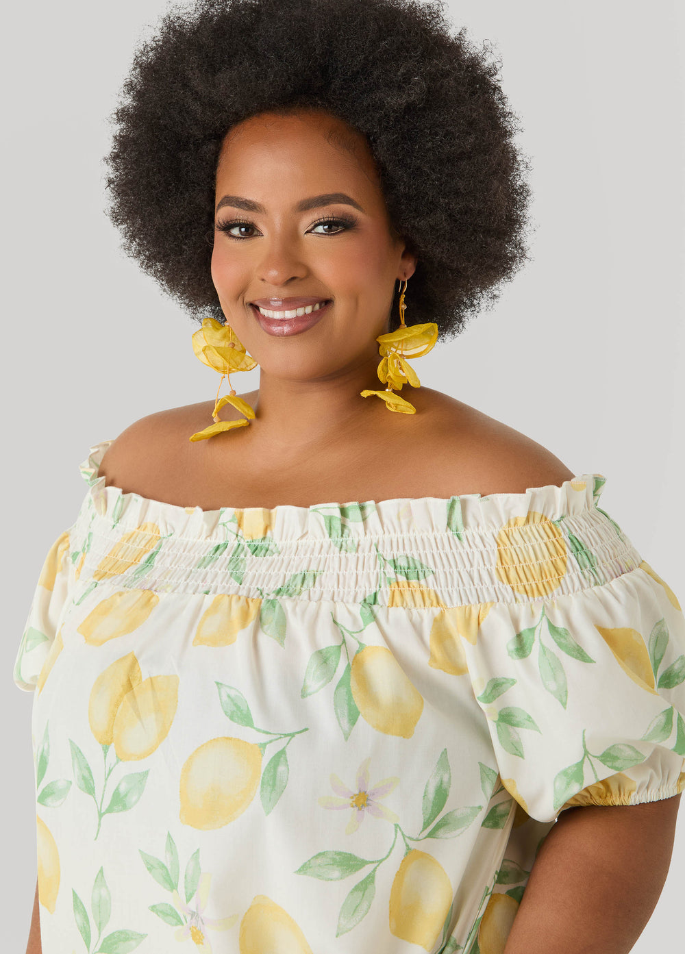 Lemon Print Off The Shoulder Dress White | Ashley Stewart