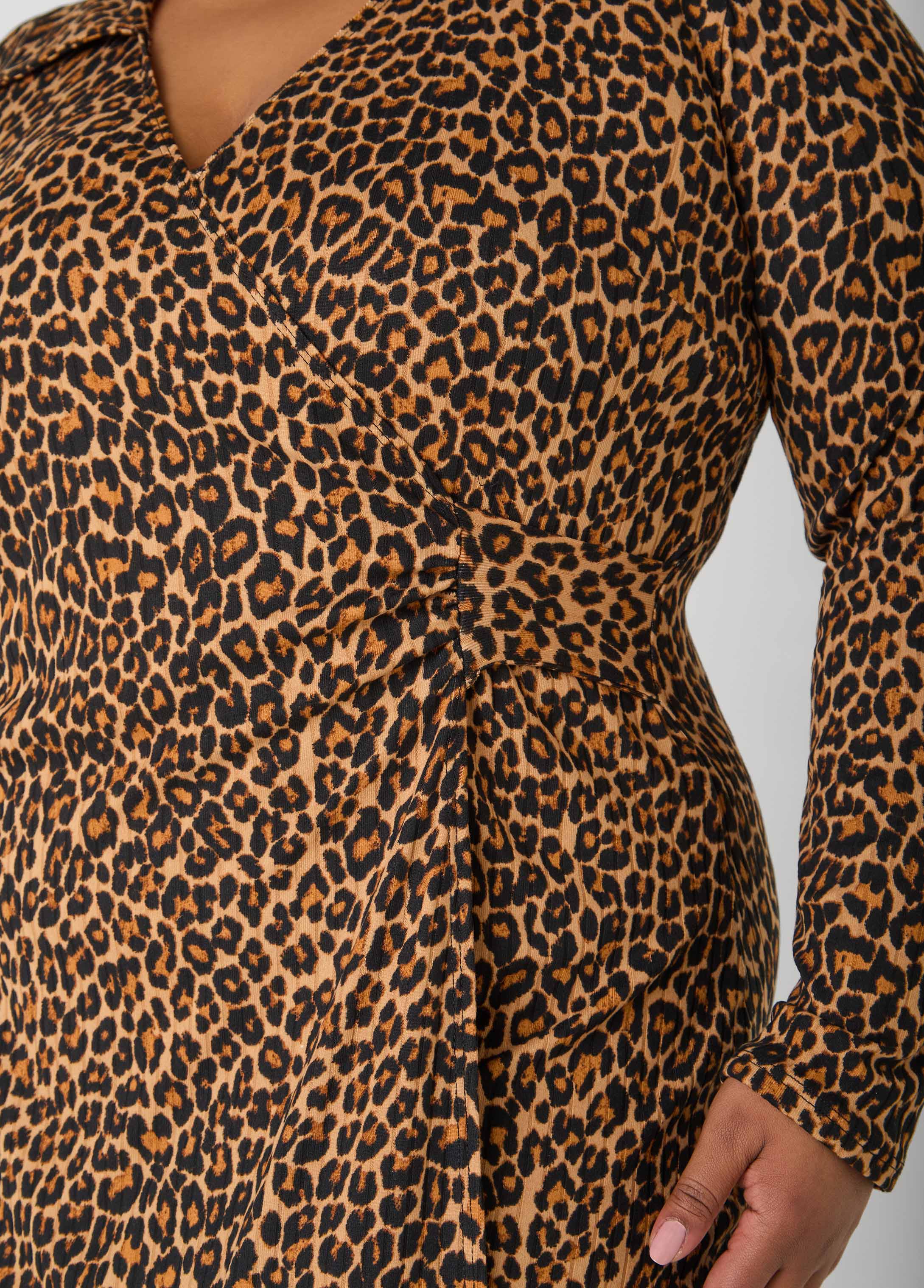 Ribbed Leopard Faux Wrap Dress Black Animal | Ashley Stewart
