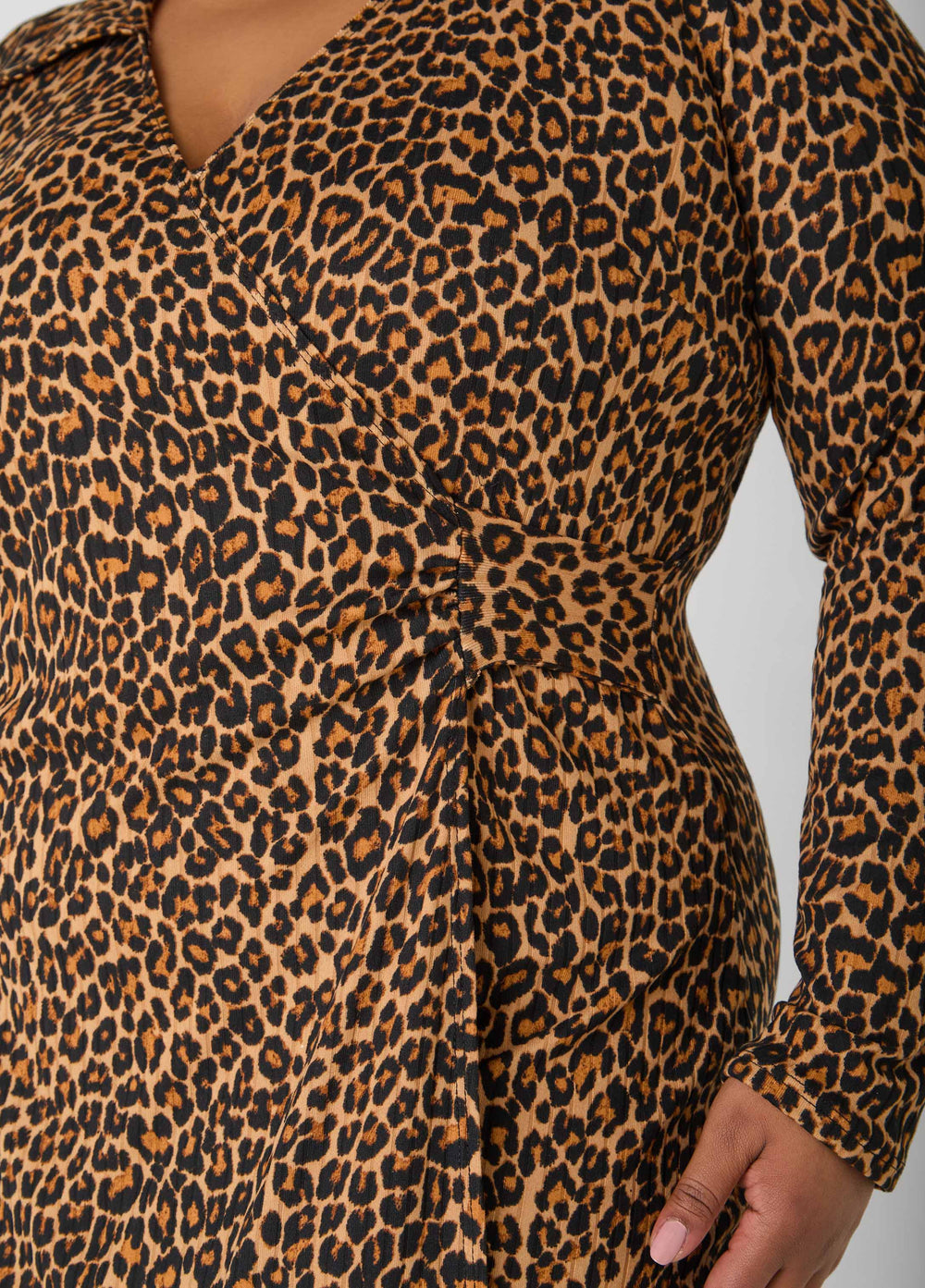 Ribbed Leopard Faux Wrap Dress Black Animal | Ashley Stewart