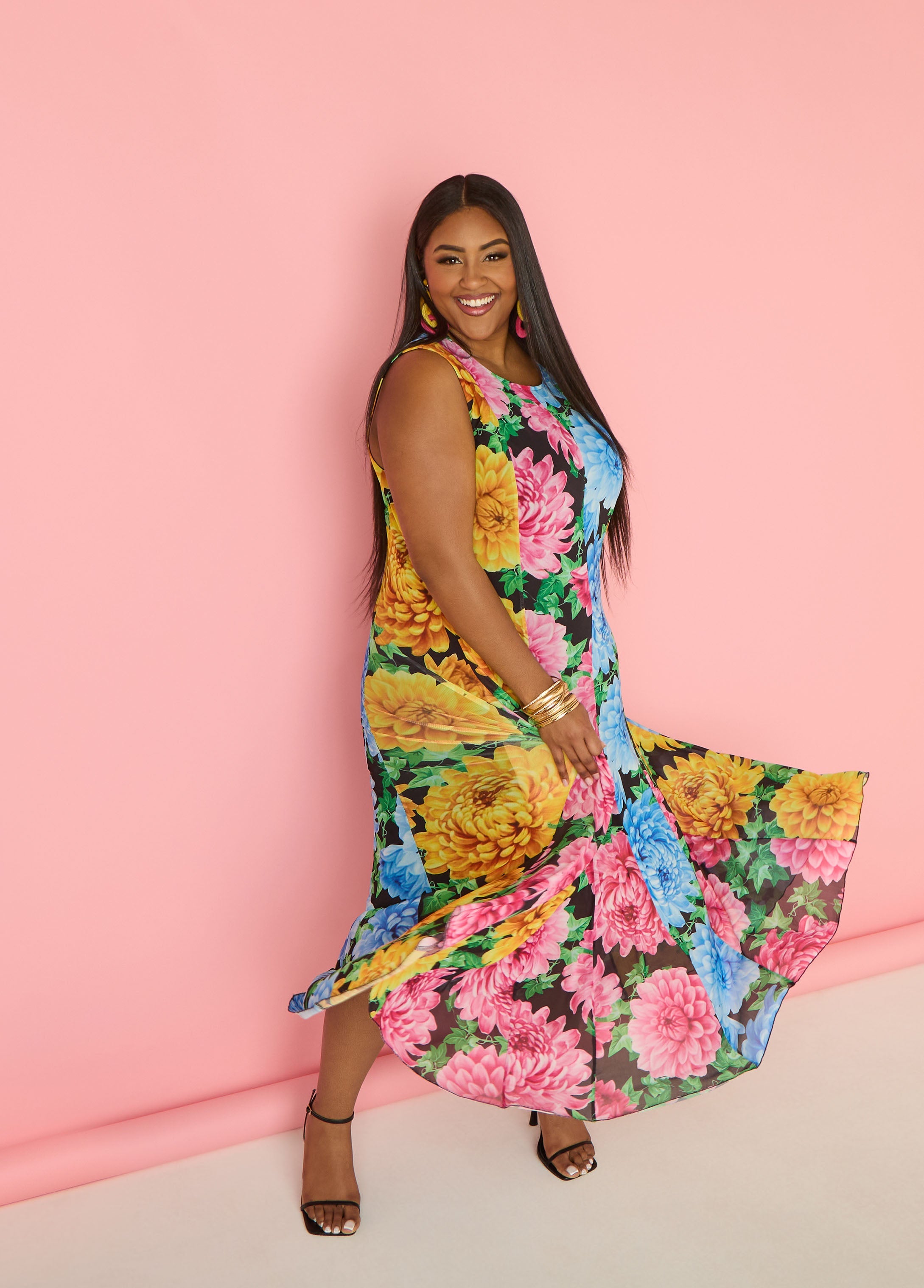 Tall Floral Print Mesh Maxi Dress Black Combo | Ashley Stewart